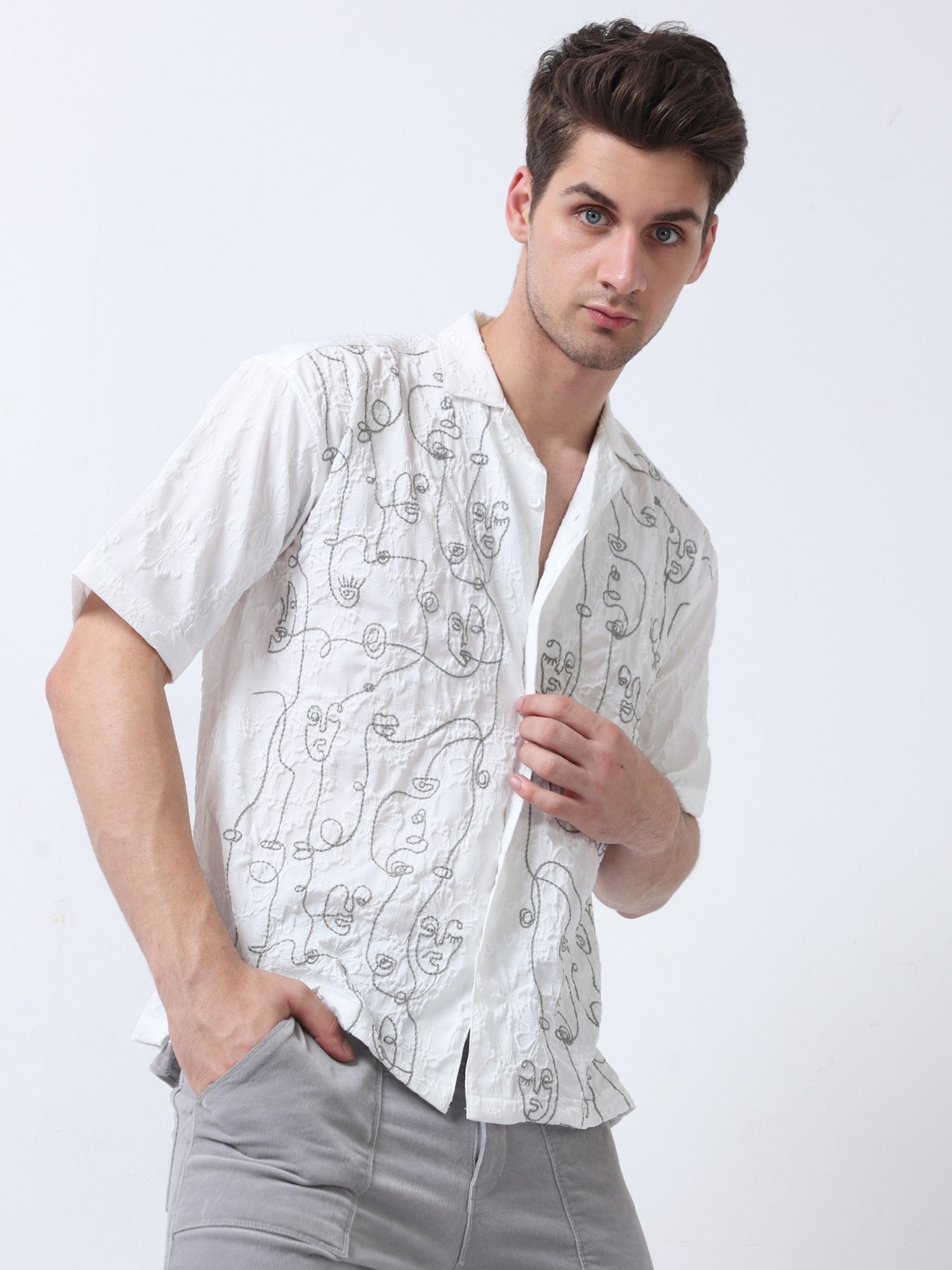 Mens white embroidered dress shirt online