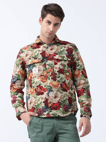 Floral printed double pocket mens shirt | cream