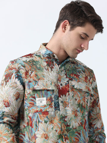 Floral printed double pocket mens shirt | Khaki Green