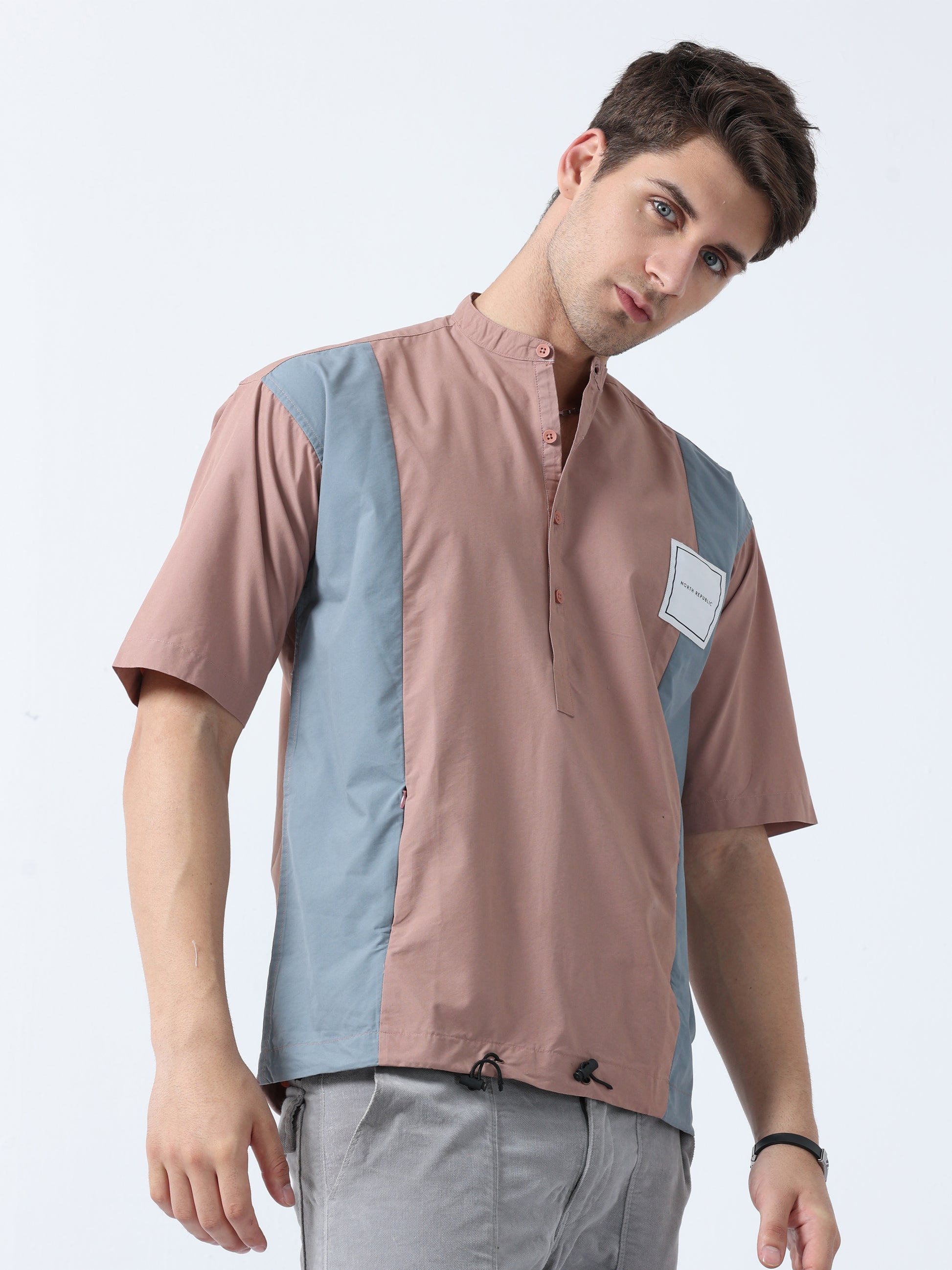 Rust Chinees Straight Half Sleeve Men's Striped Shirt