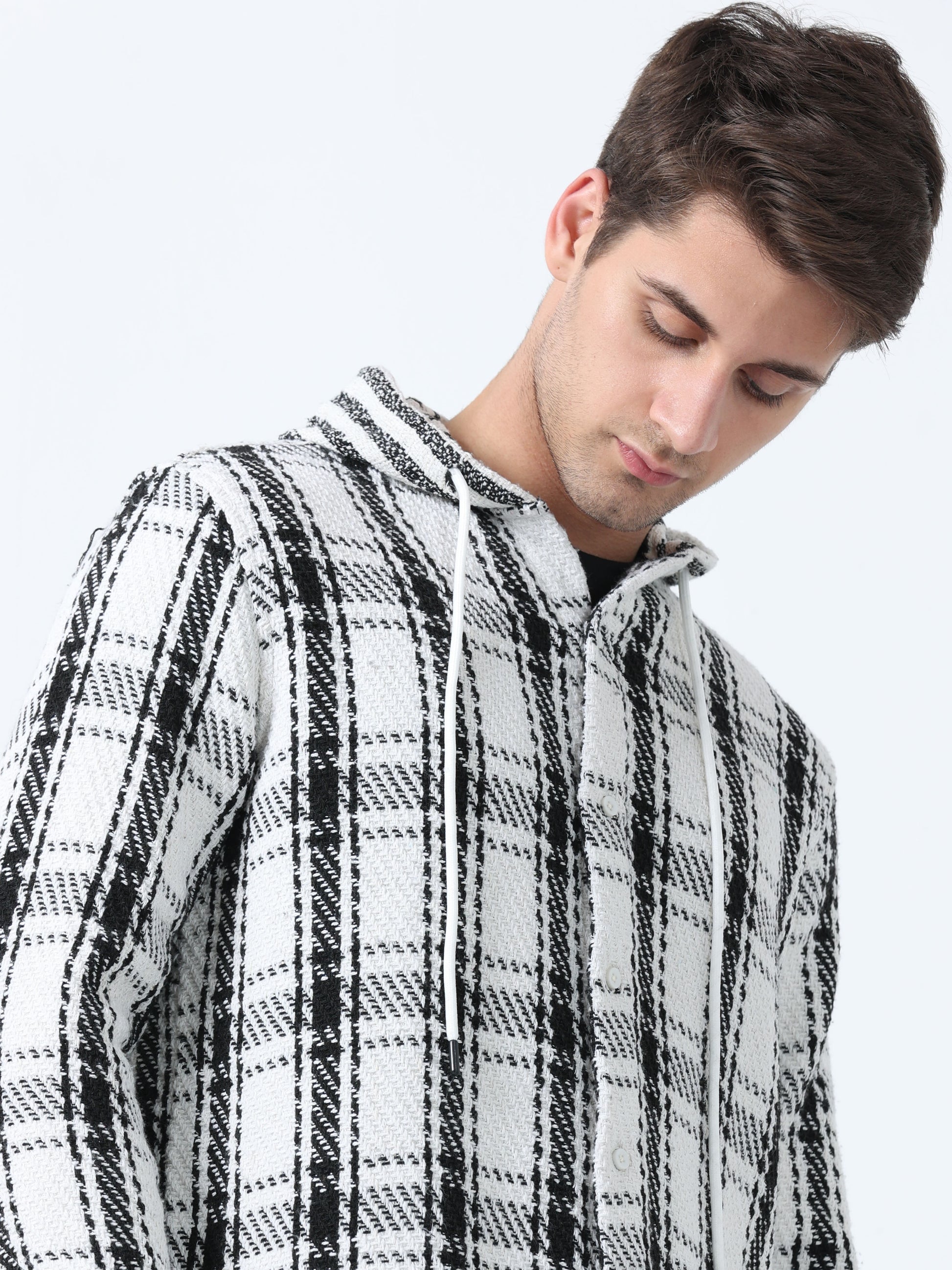 White Imported Fabric Men's Hoodie Full Sleeve Checked Shirt