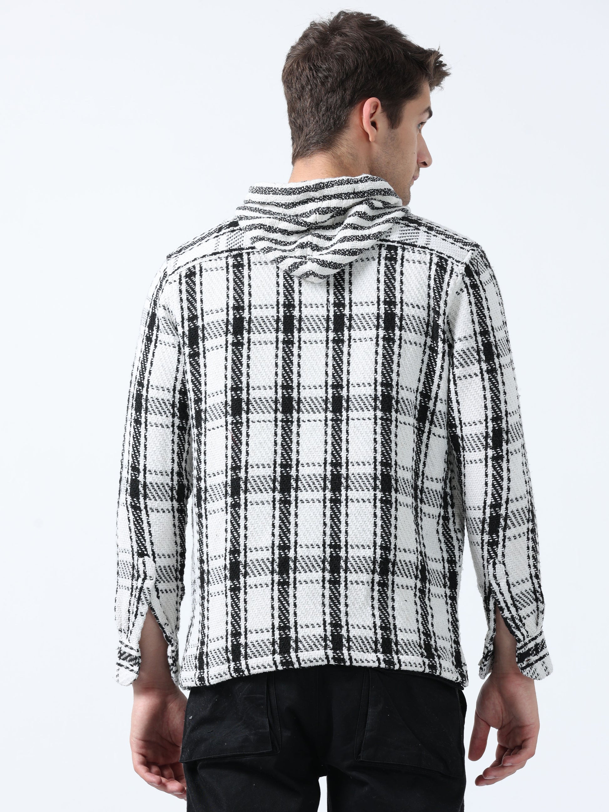 White Imported Fabric Men's Hoodie Full Sleeve Checked Shirt