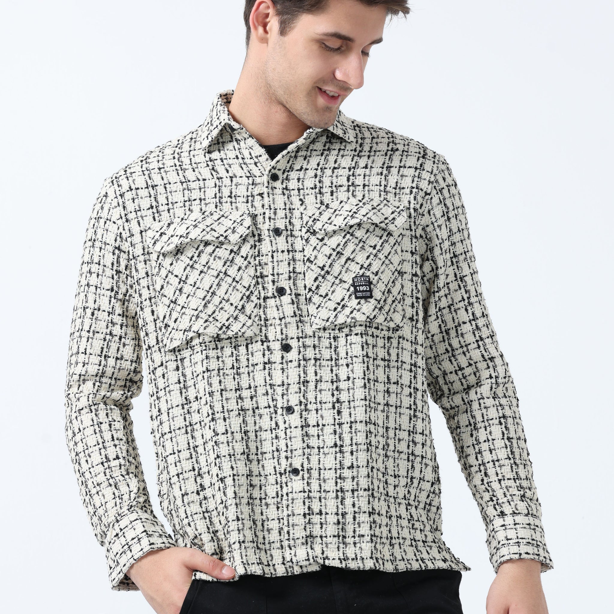 Cream Imported Fabric Double Pocket Men's Checked Shirt