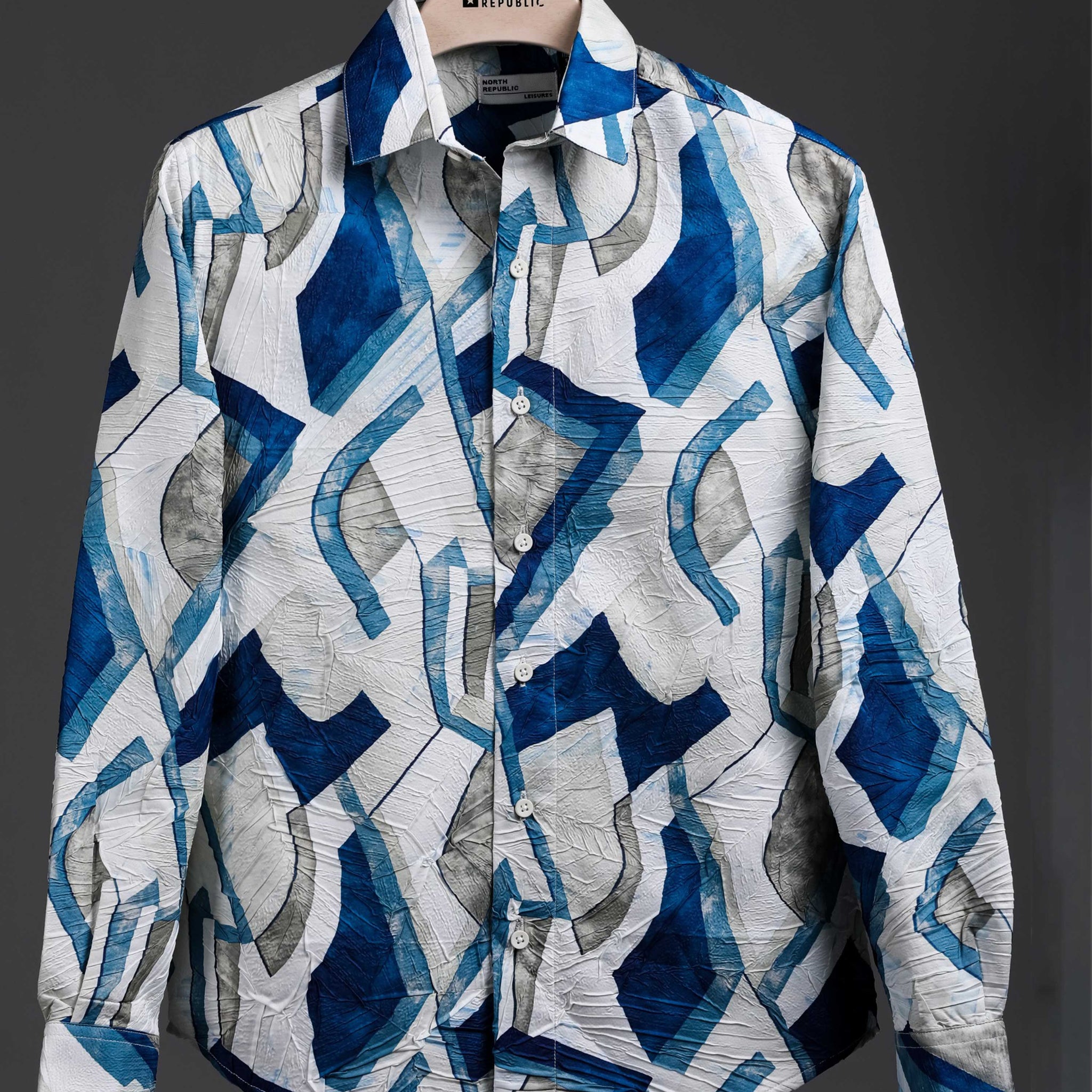 Soft Finish Leaf Pattern Foiling printed Shirt | White Blue