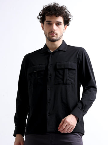 Men's Cuban Collar Cargo Double Pocket Shirt | Black
