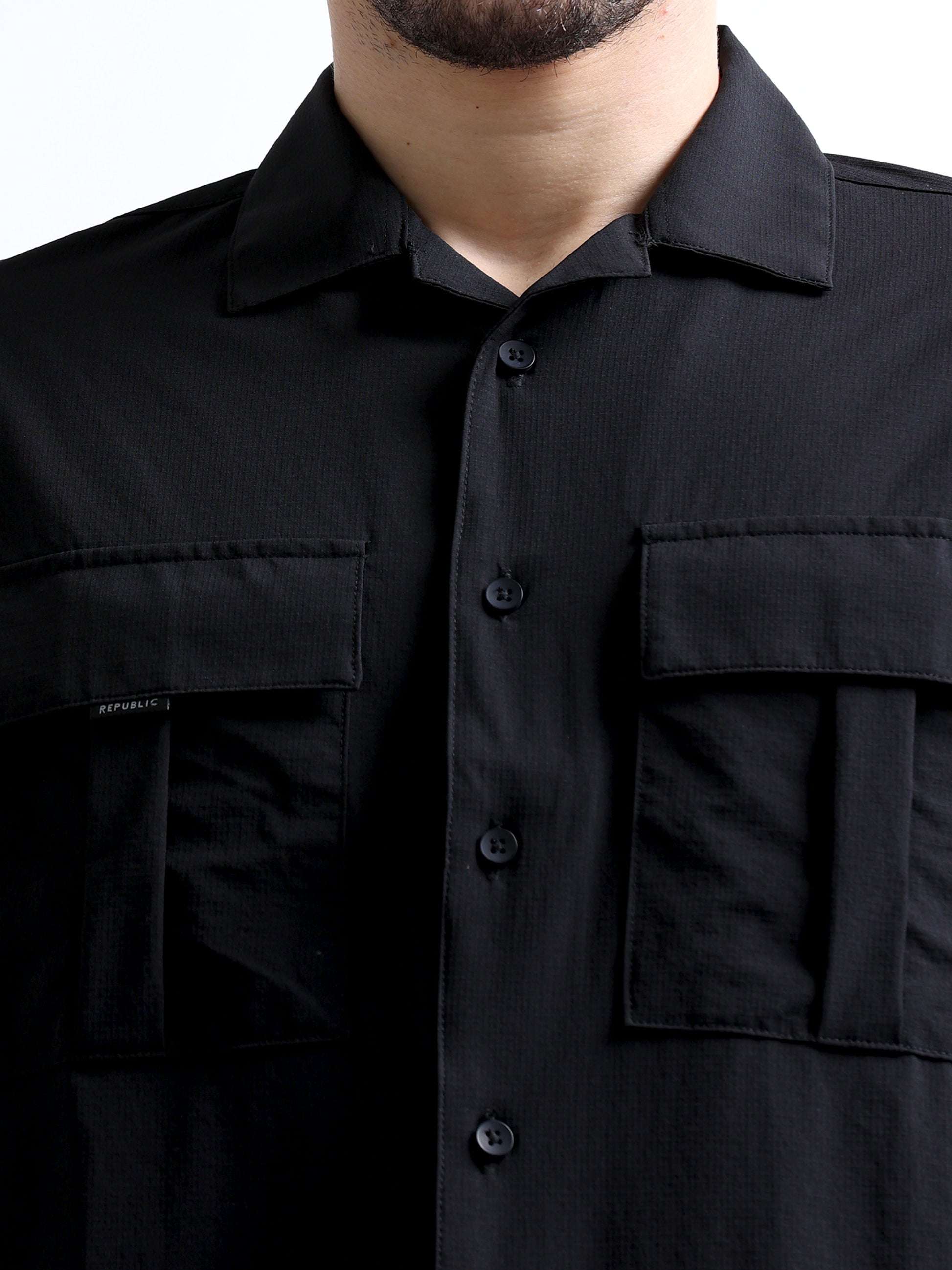 Black Men's Cuban Collar Cargo Double Pocket Plain Shirt