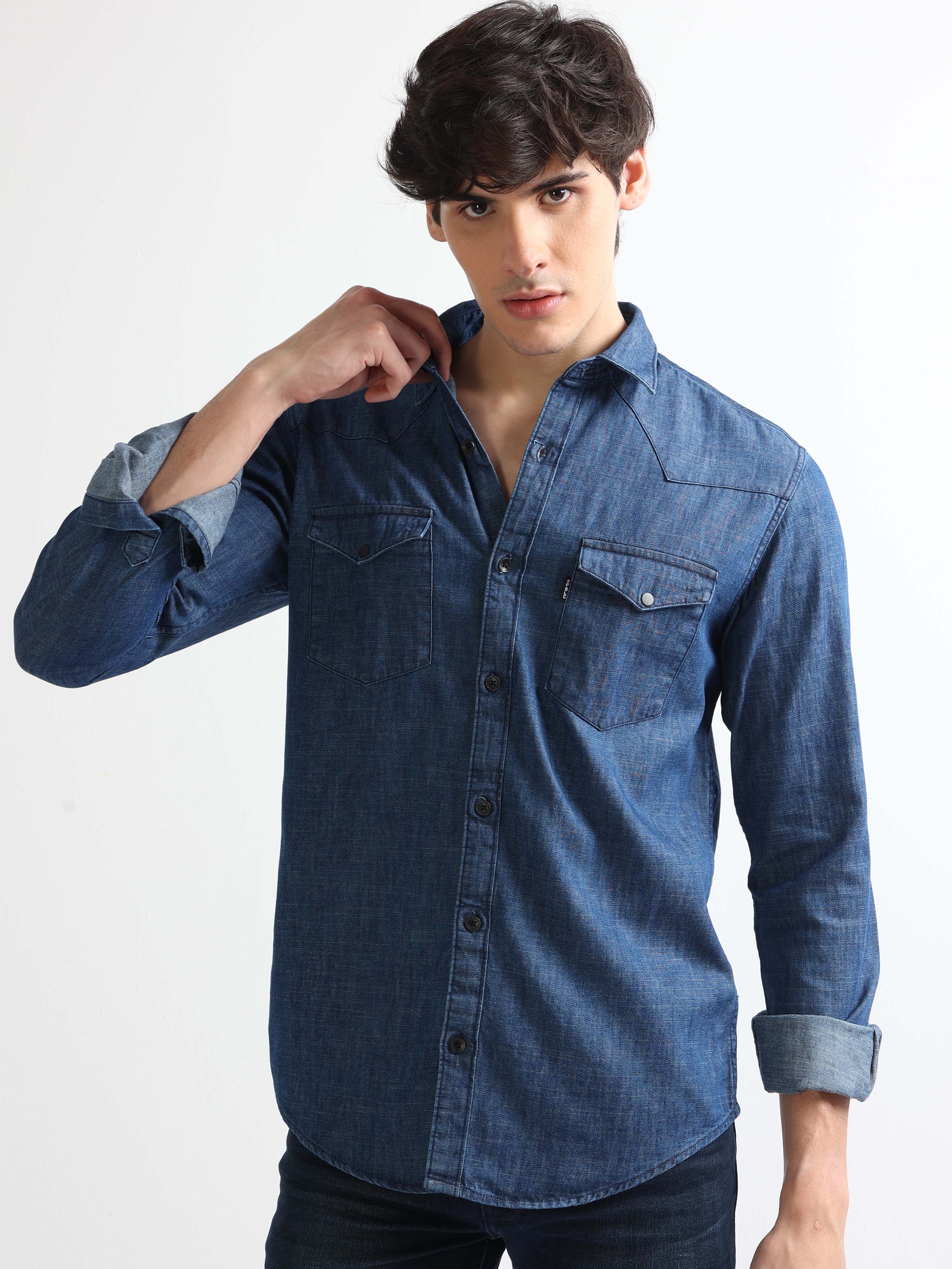 Buy indigo navy double pocket denim shirt-North Republic