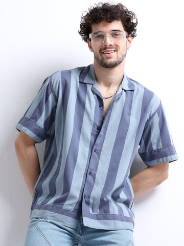 Men's Open Collar Straight Bottom Striped Shirt | Blue