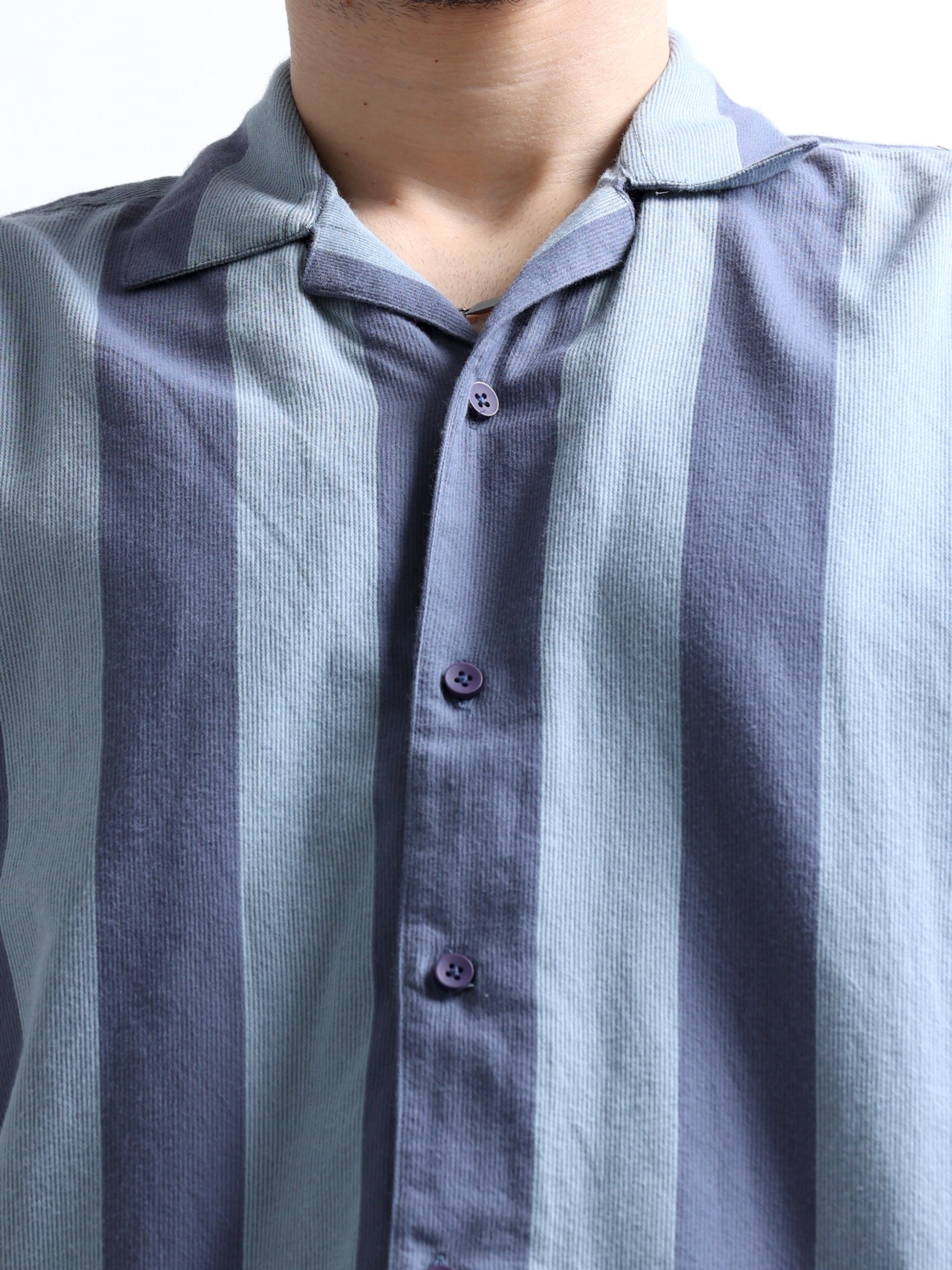 blue open collar straight bottom men's striped shirt