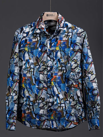 Soft Finish Leaf Pattern Foiling printed Shirt | Royal Blue