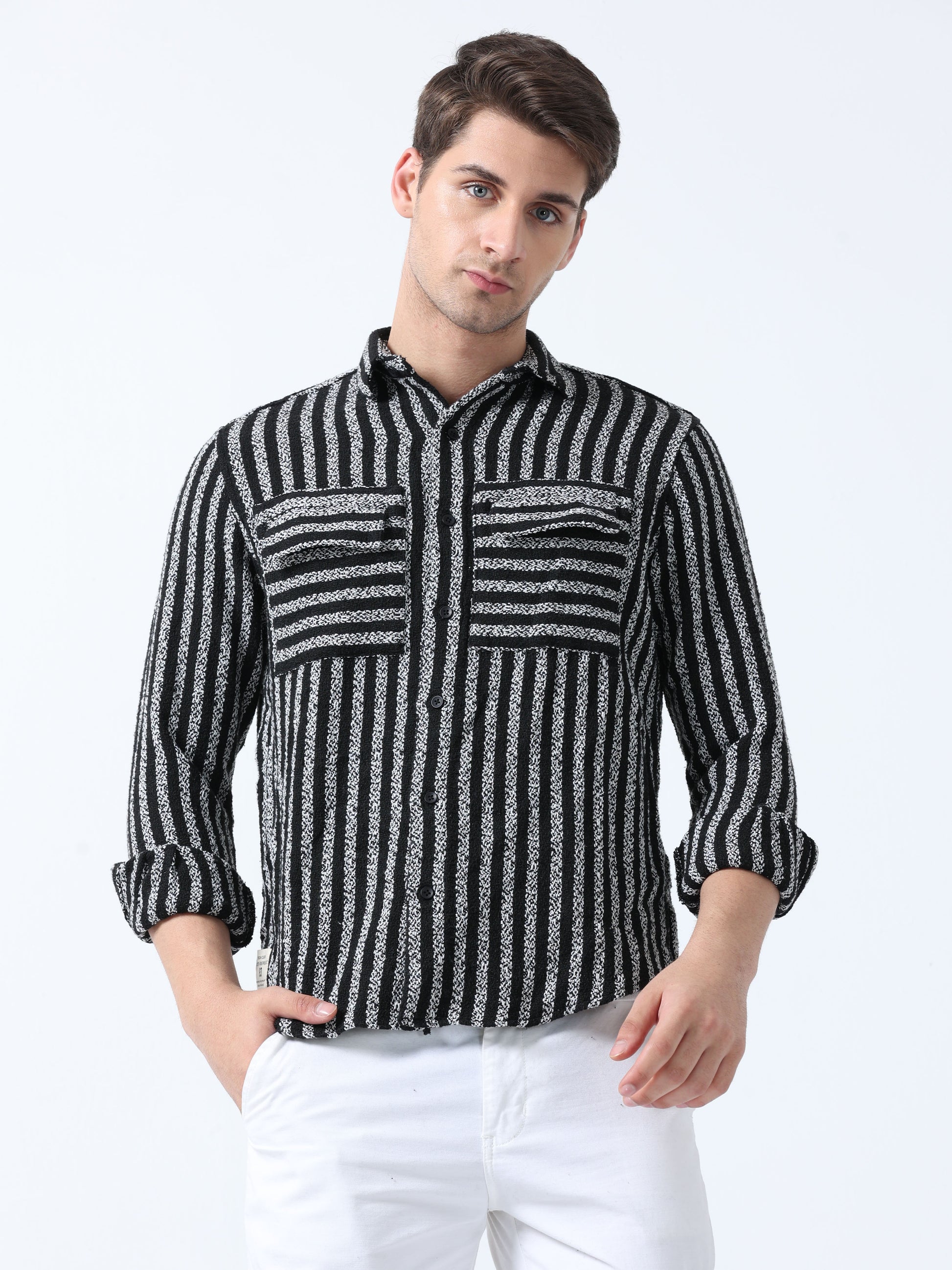 Black Imported Fabric Double Pocket Men's Striped Shirt