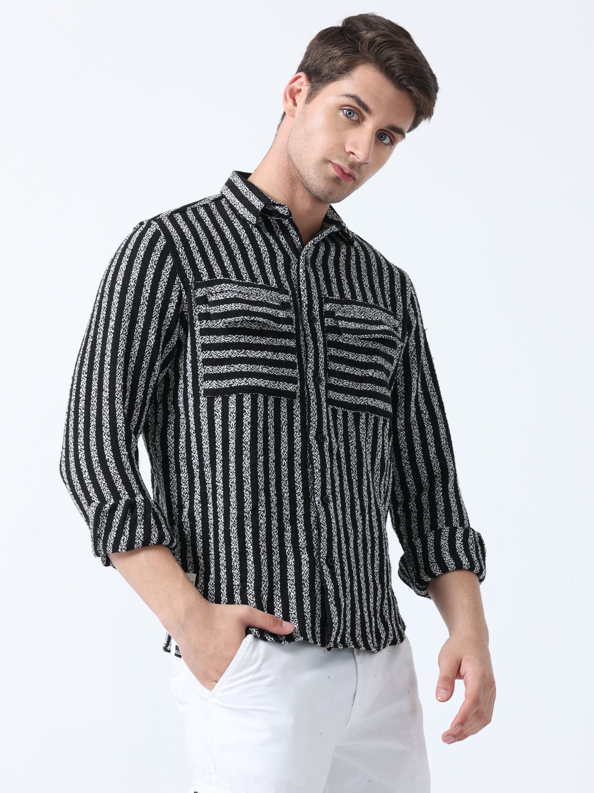 Black Imported Fabric Double Pocket Men's Striped Shirt