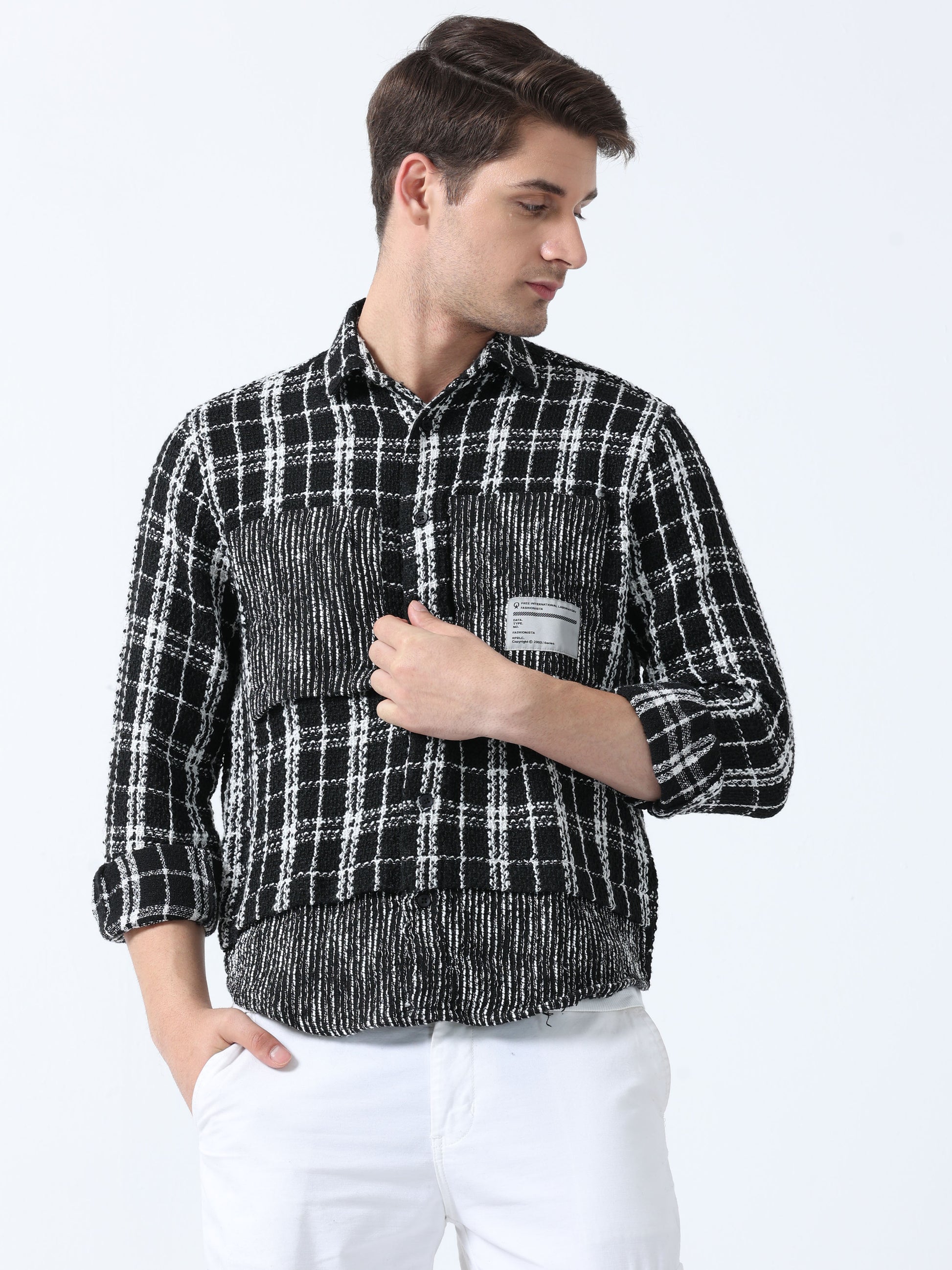 Black Double Pocket Full Sleeve Stylish Men's Checked Shirt