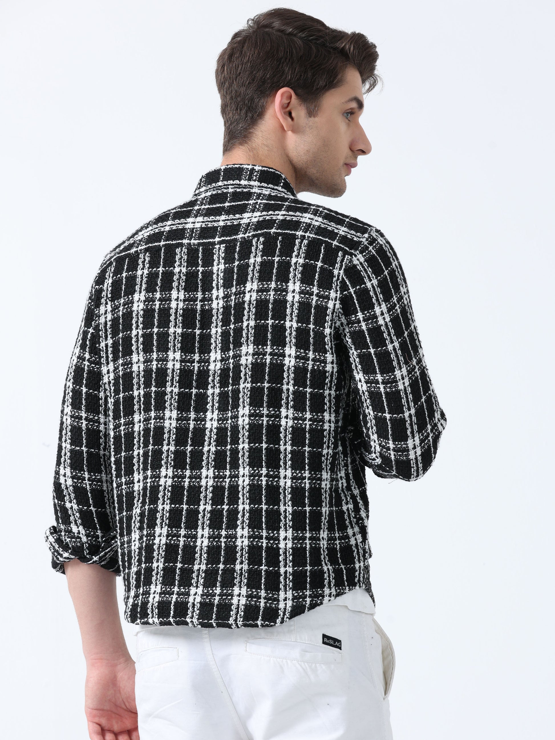 Black Double Pocket Full Sleeve Stylish Men's Checked Shirt