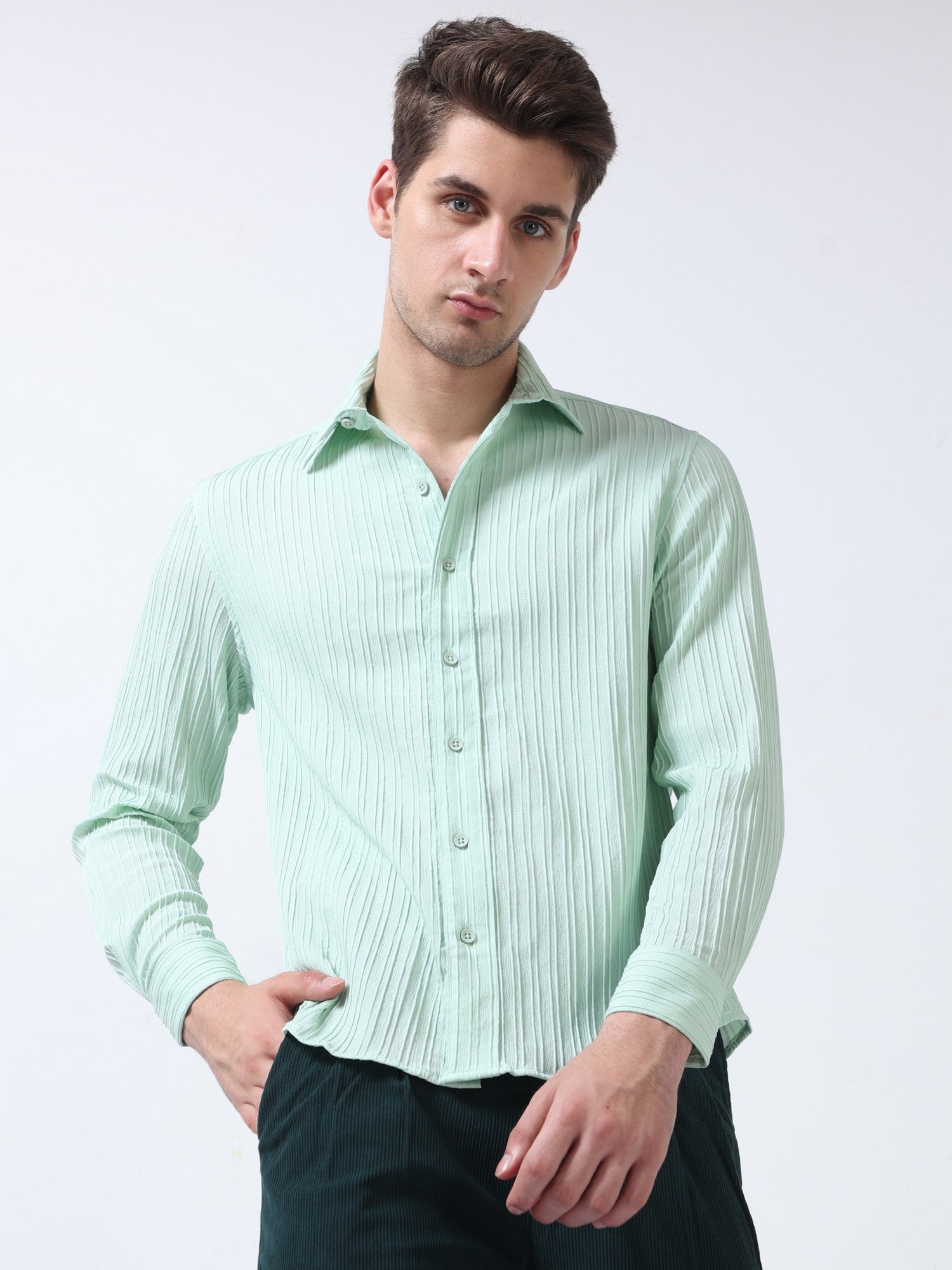 Plain Pista Crushed fabric loose fit men shirt