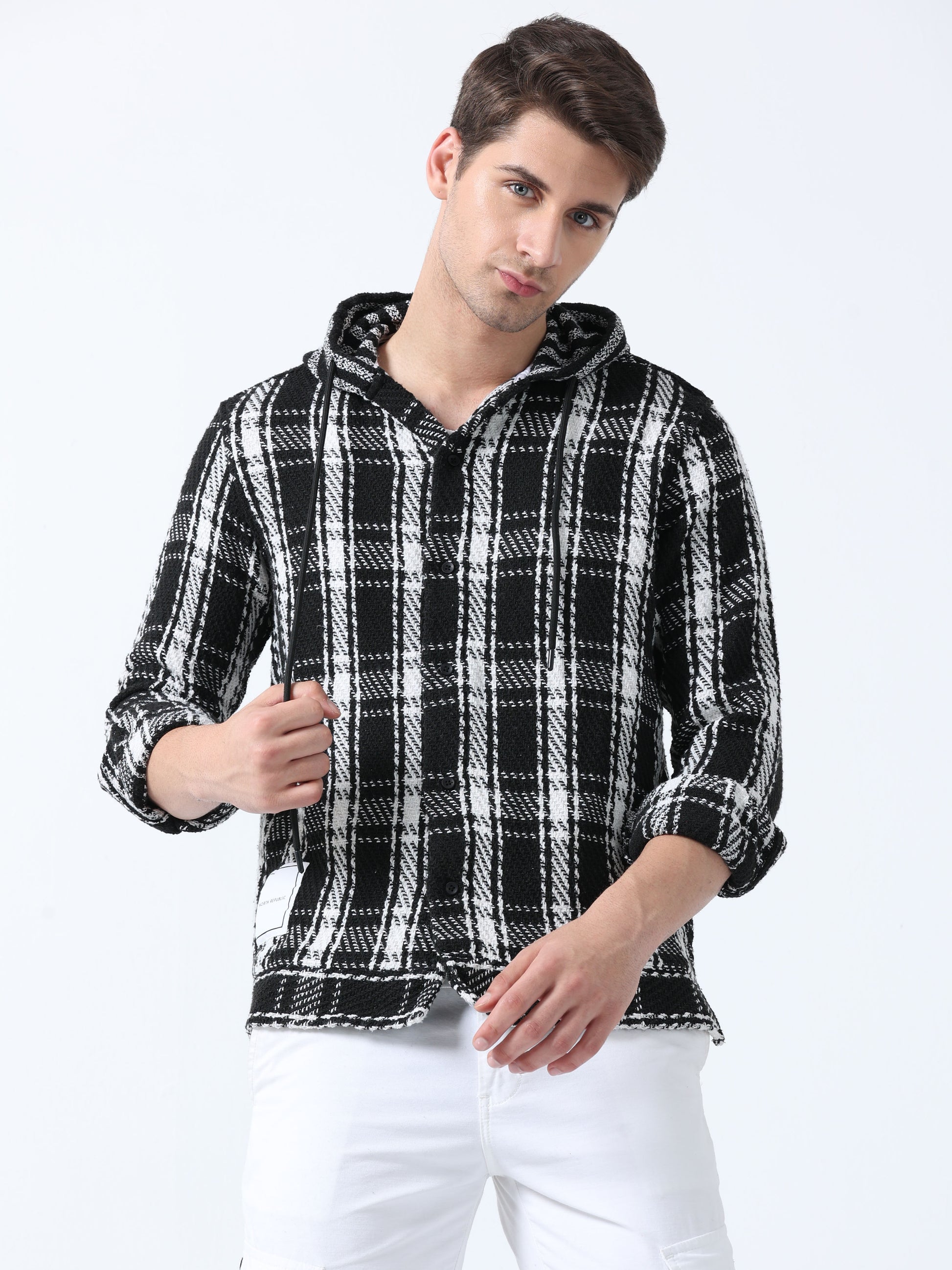 Black Imported Fabric Tartan Plaid Hoodie Checked Shirt