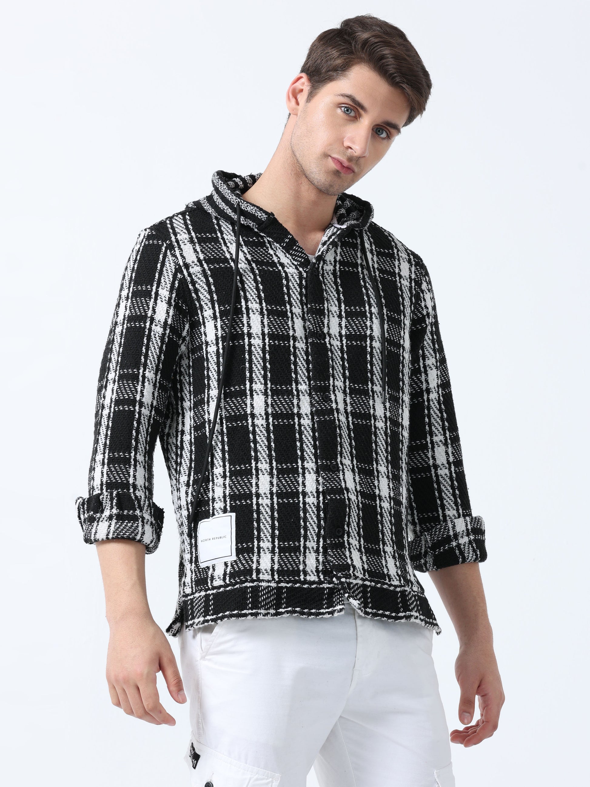 Black Imported Fabric Tartan Plaid Hoodie Checked Shirt