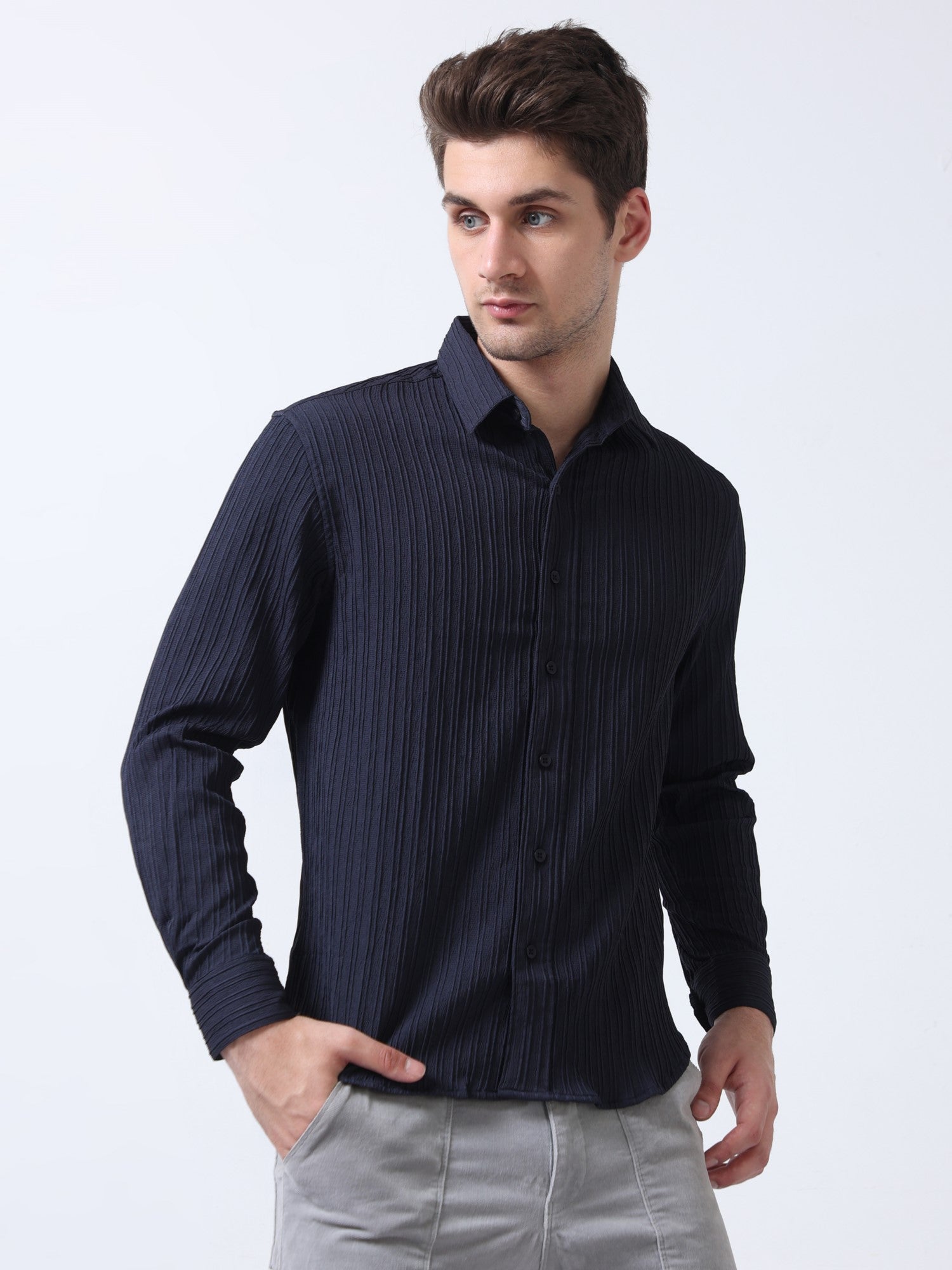 navy crushed fabric loose fit casual plain shirt