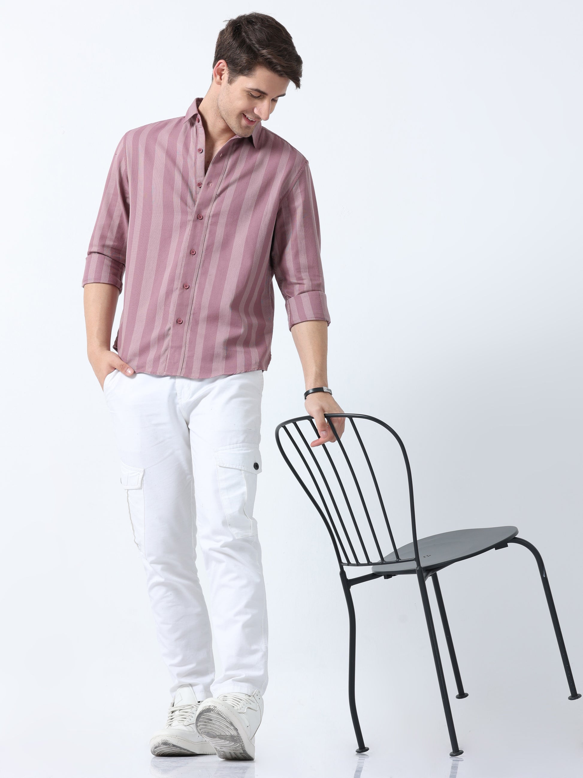 Peach Versatile Full Sleeve Men Striped Shirt