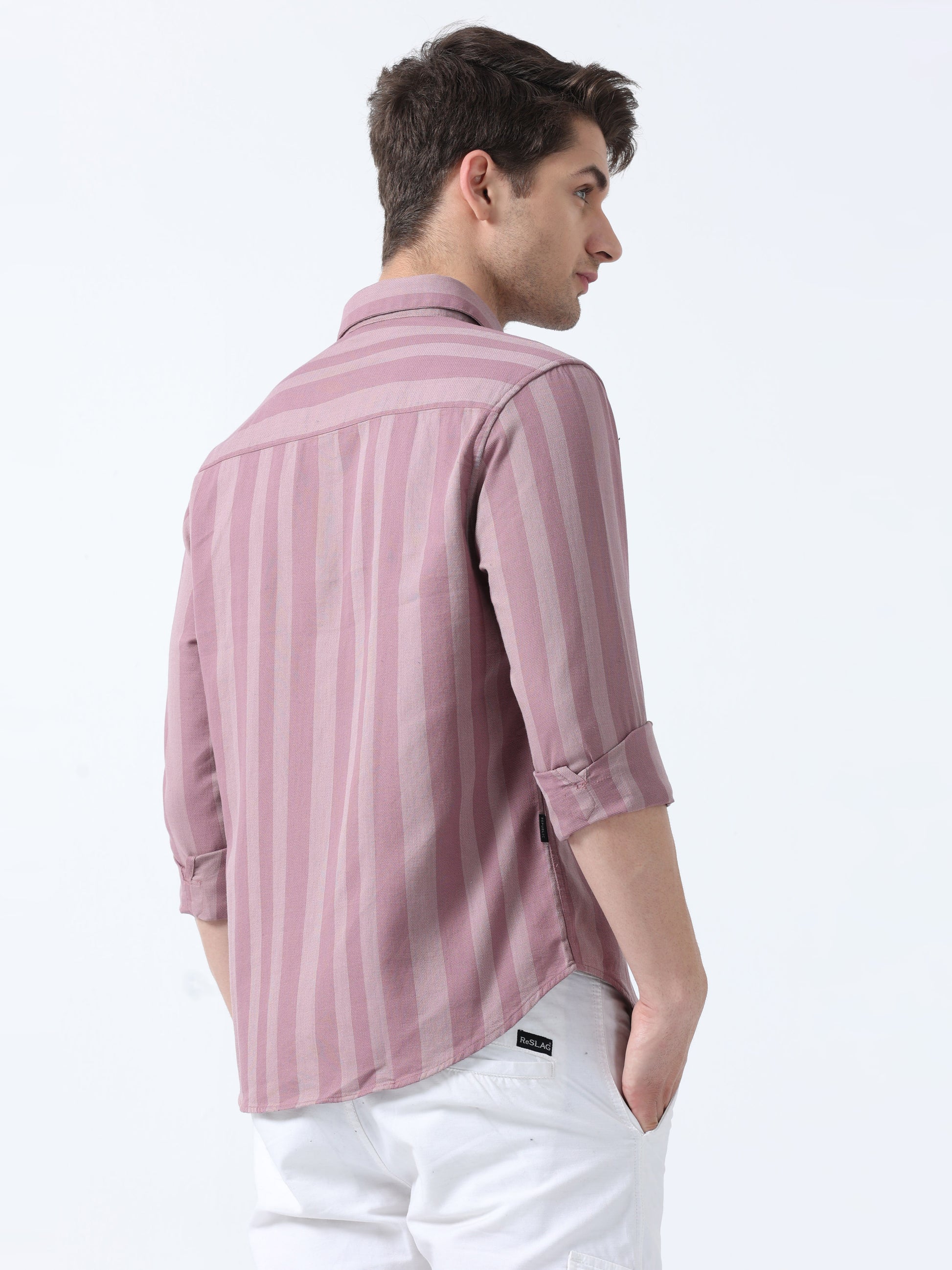 Peach Versatile Full Sleeve Men Striped Shirt