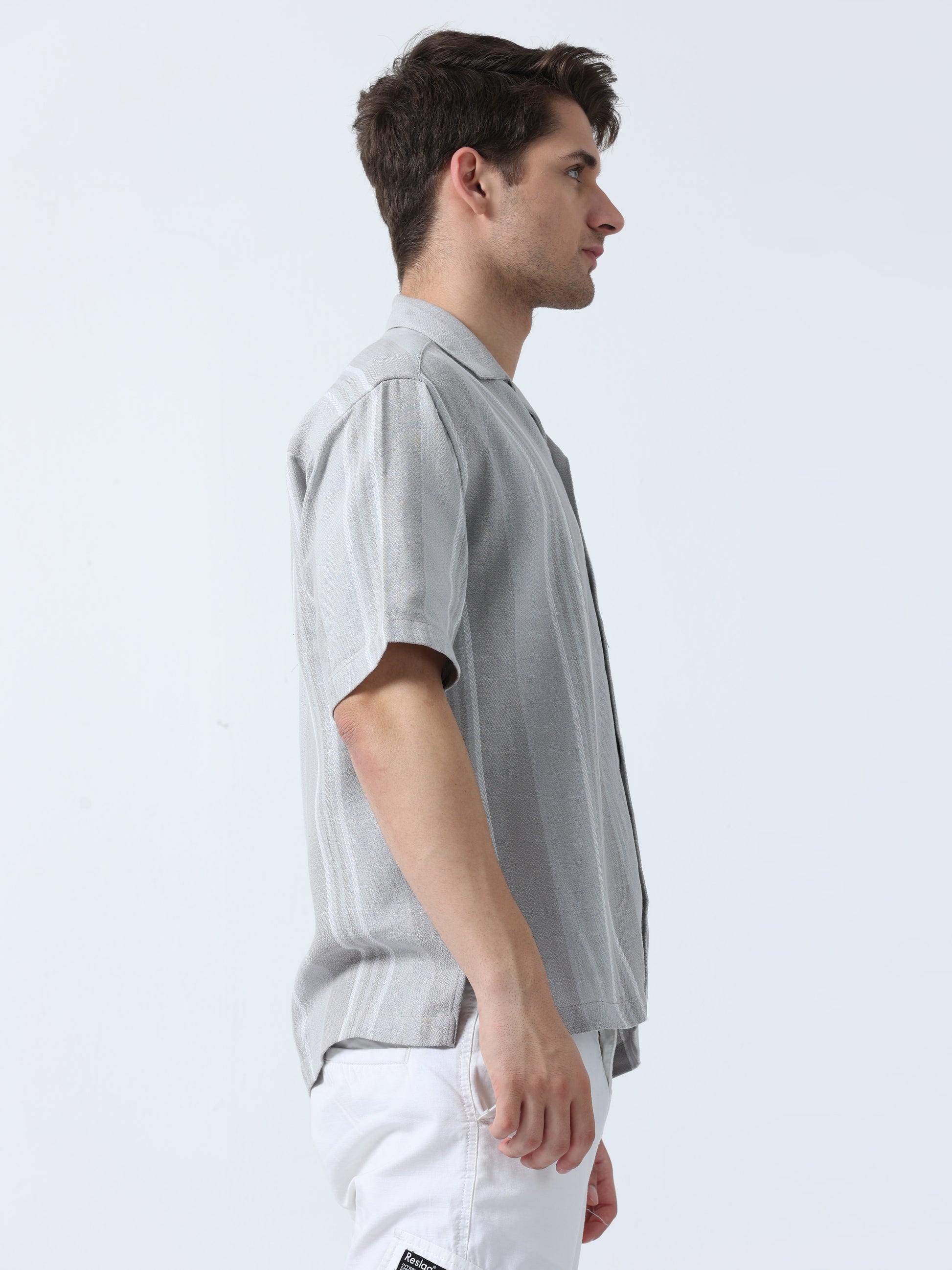 Grey Loose Fit Men's Half Sleeve Striped Shirt