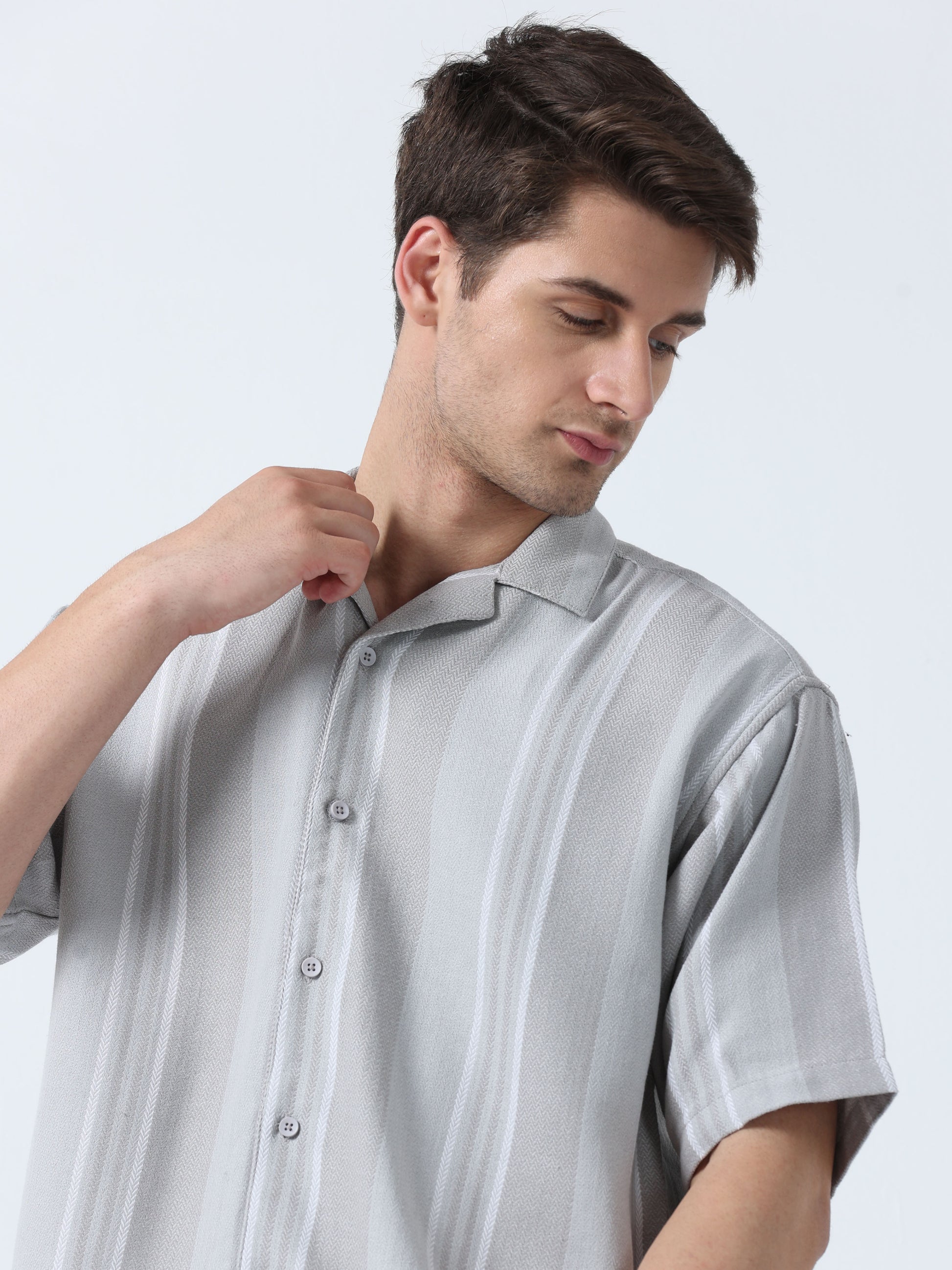 Grey Loose Fit Men's Half Sleeve Striped Shirt