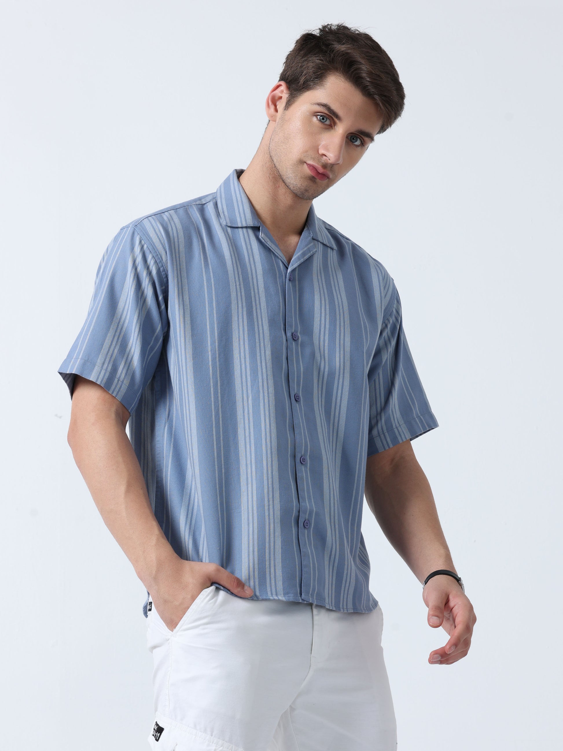 Blue Half Sleeve Men's Relaxed-Fit Classic Striped Shirt