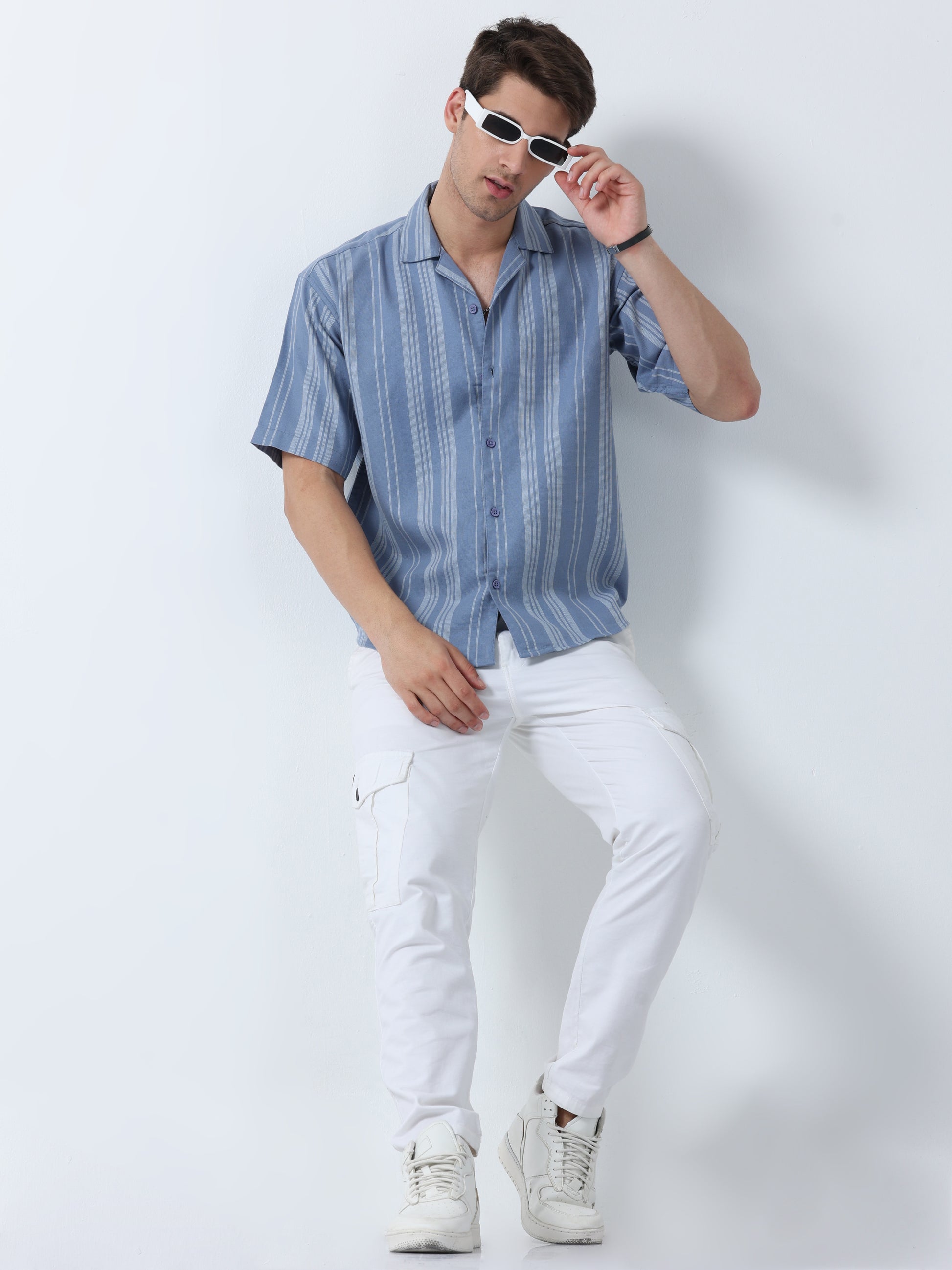 Blue Half Sleeve Men's Relaxed-Fit Classic Striped Shirt