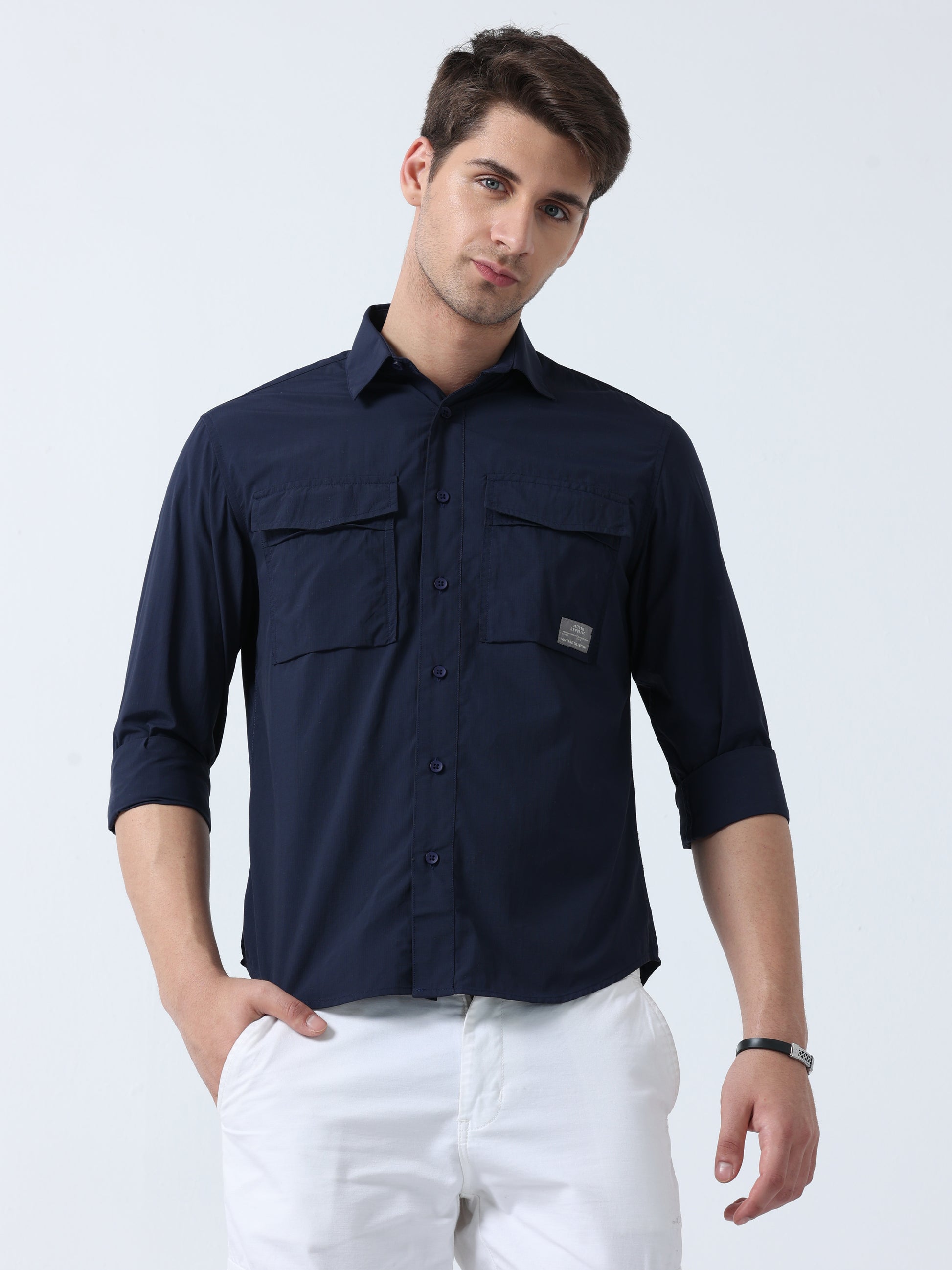 Navy Double-Pocket Men's Full Sleeve Plain Shirt