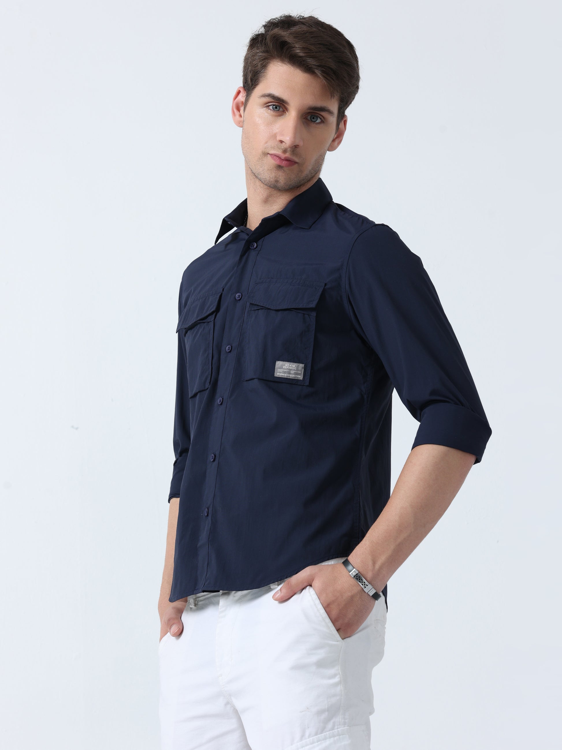 Navy Double-Pocket Men's Full Sleeve Plain Shirt