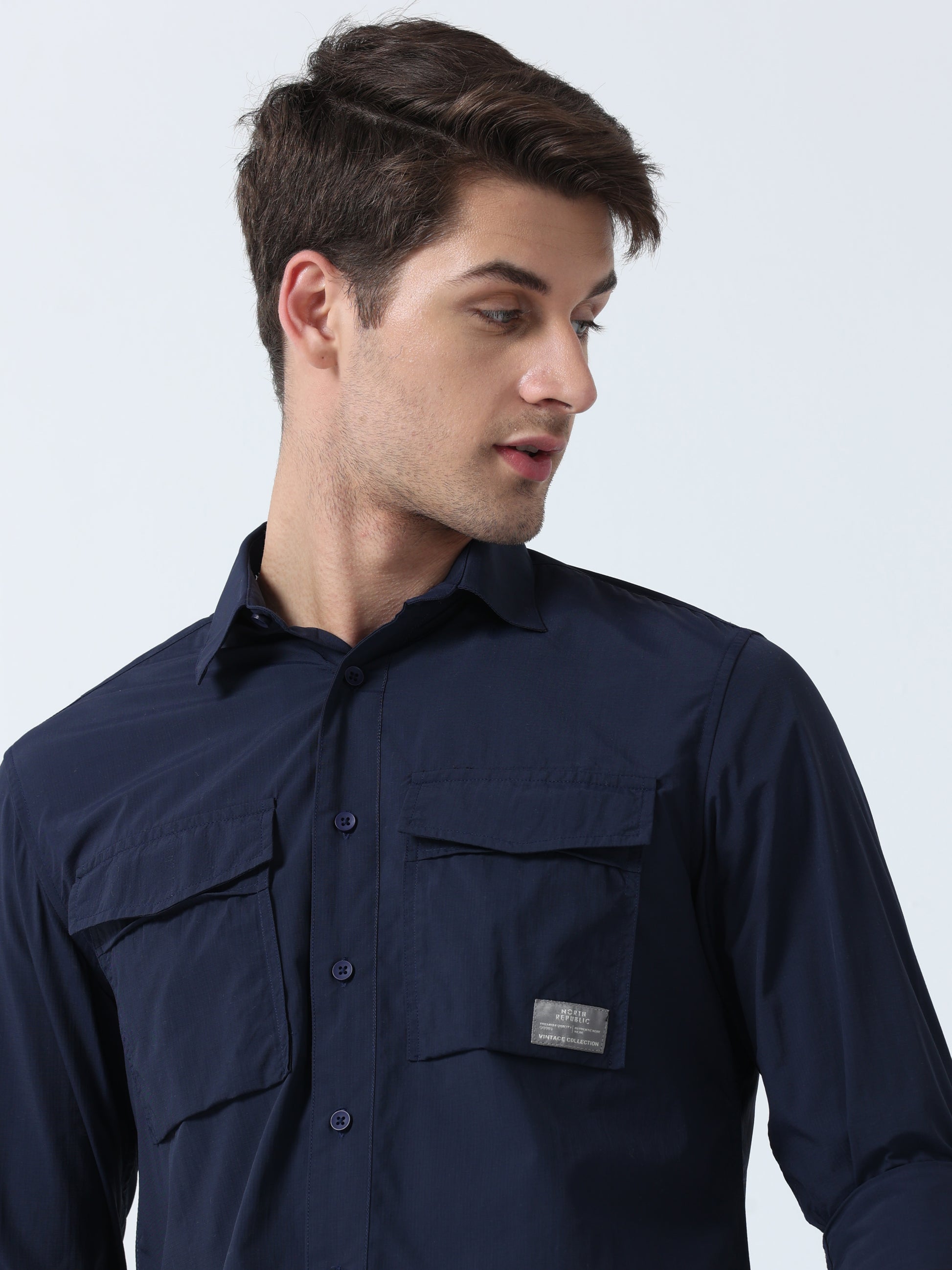 Navy Double-Pocket Men's Full Sleeve Plain Shirt