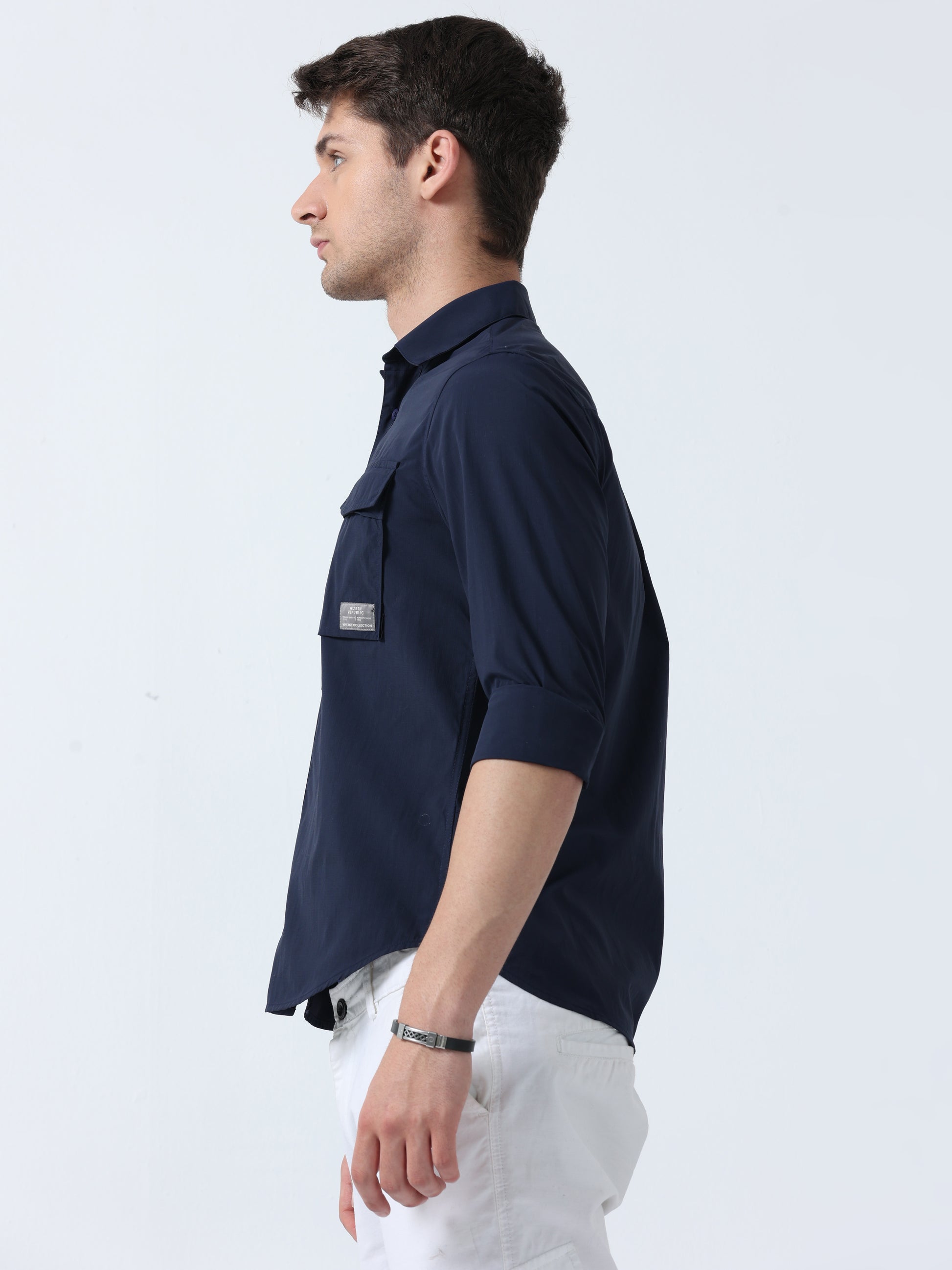 Navy Double-Pocket Men's Full Sleeve Plain Shirt