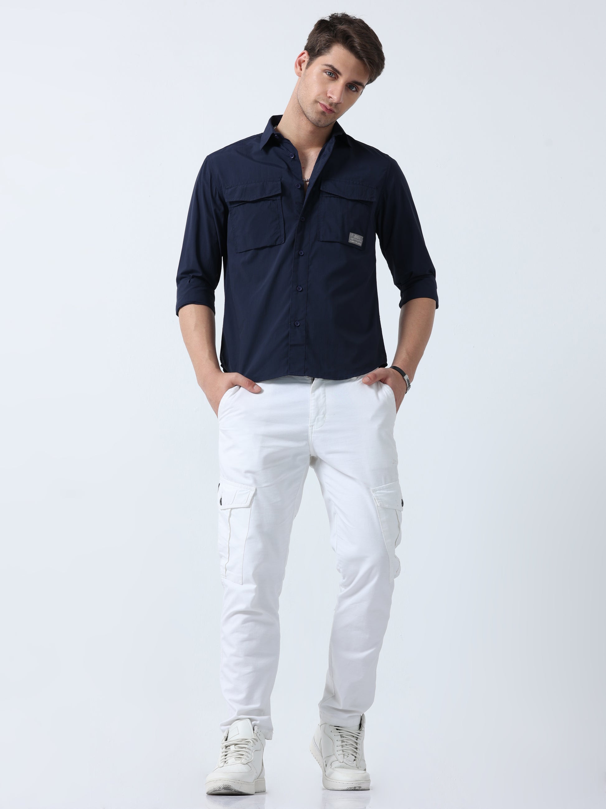 Navy Double-Pocket Men's Full Sleeve Plain Shirt