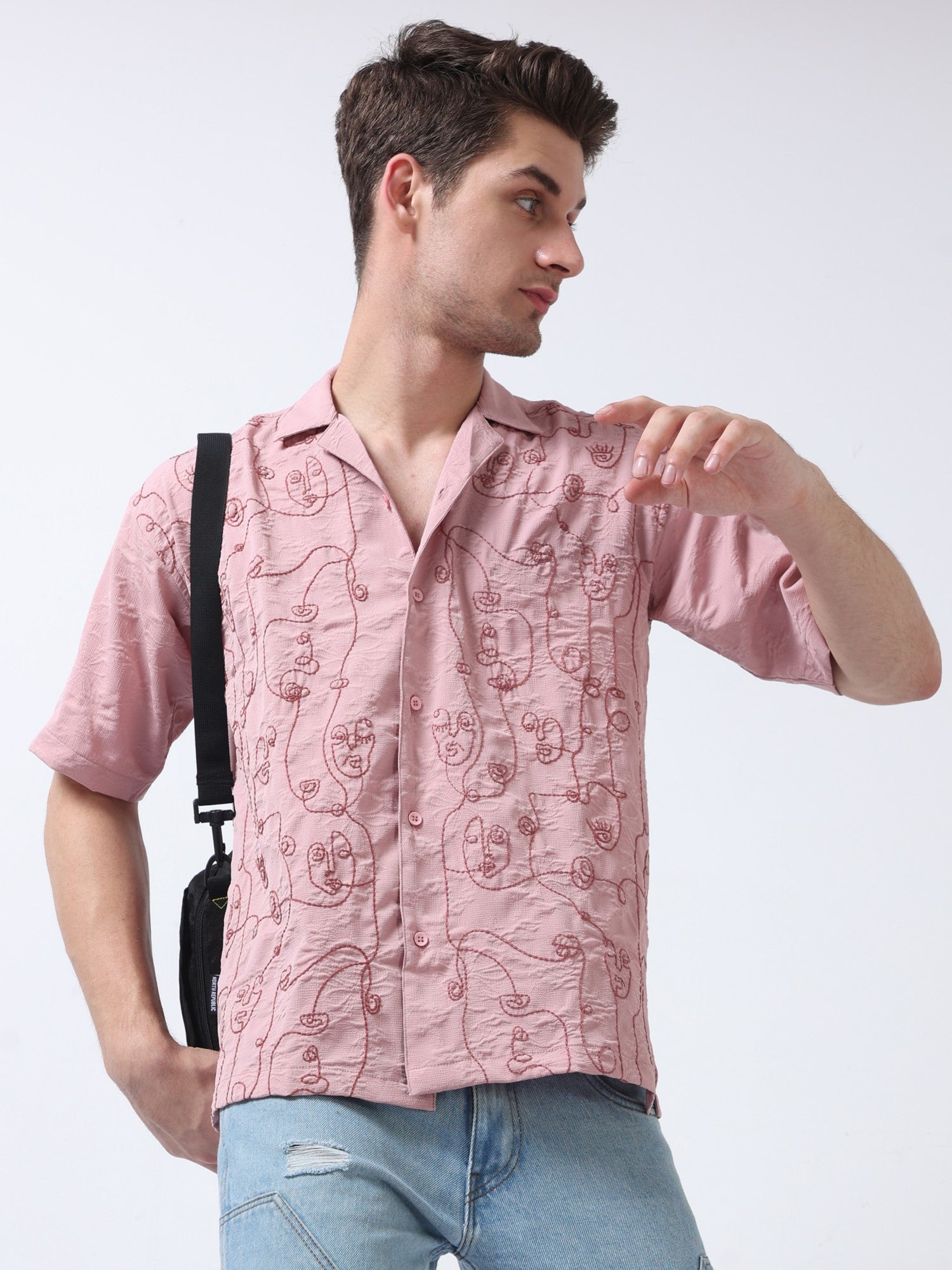 charm pink embroidered casual loose fit men shirt