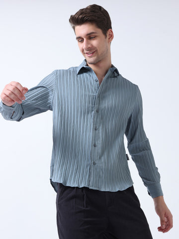  Full sleeve crushed fabric grey plain men shirt