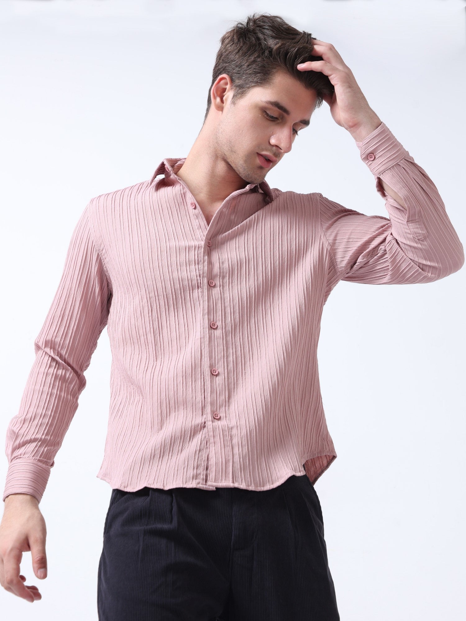 crushed fabric pink full sleeve plain shirt for men