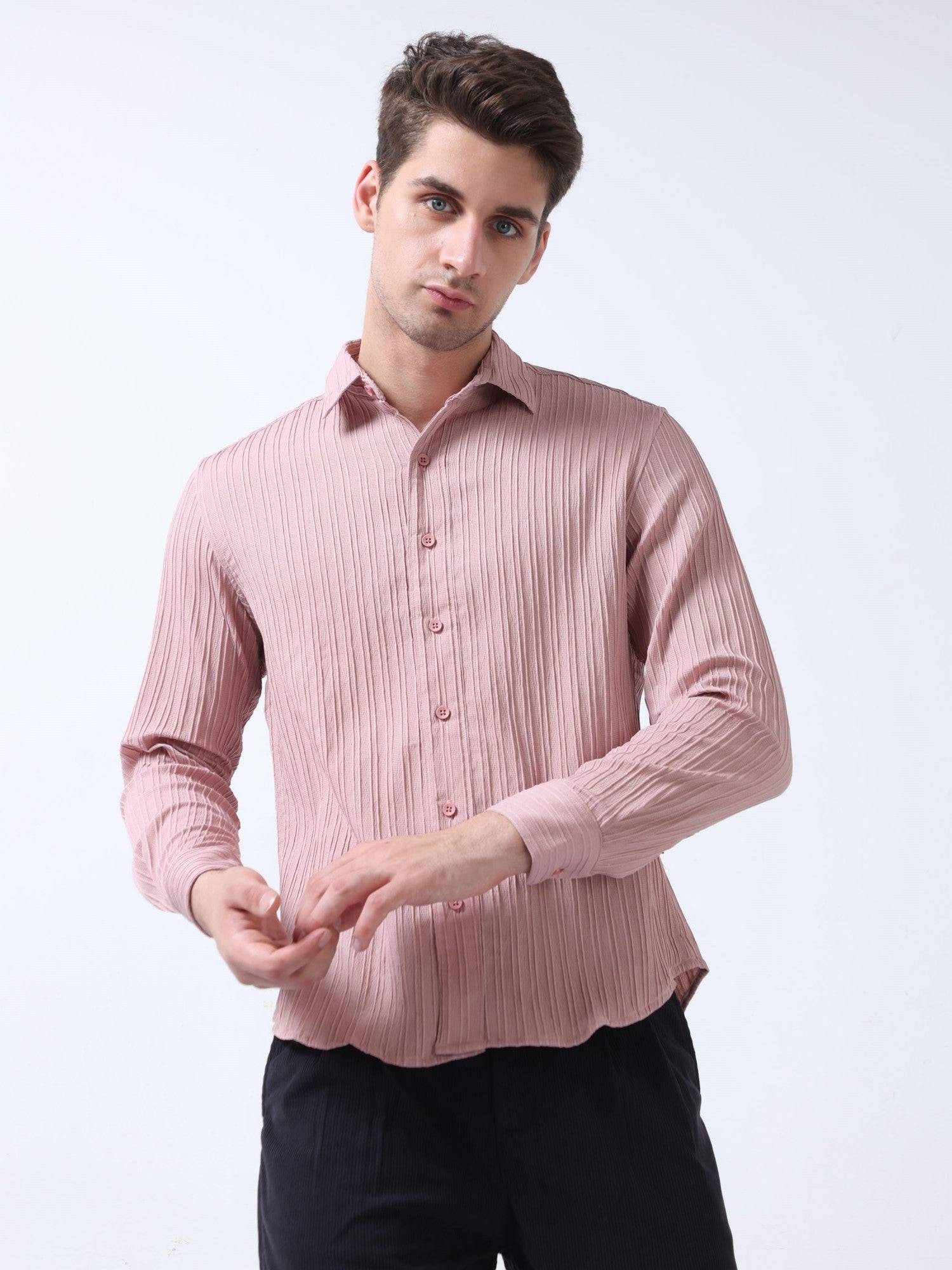 crushed fabric pink full sleeve plain shirt for men