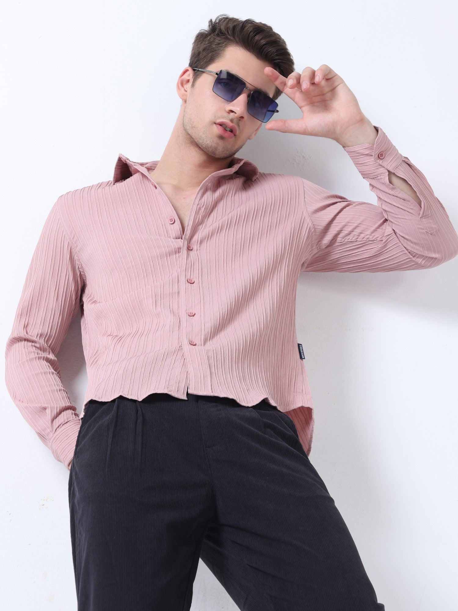 crushed fabric pink full sleeve plain shirt for men