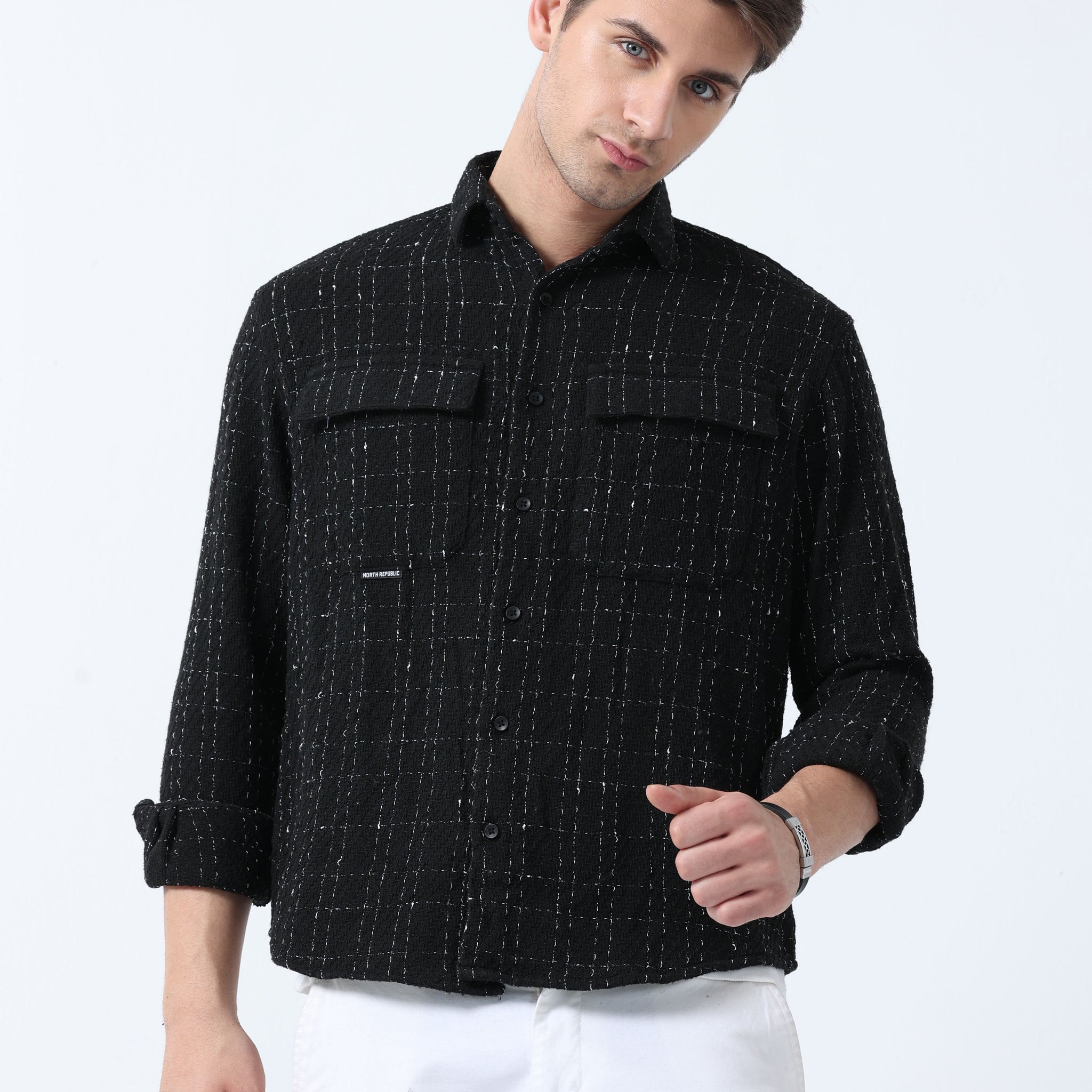 Black Imported Fabric Men's Full Sleeve Checked Shirt