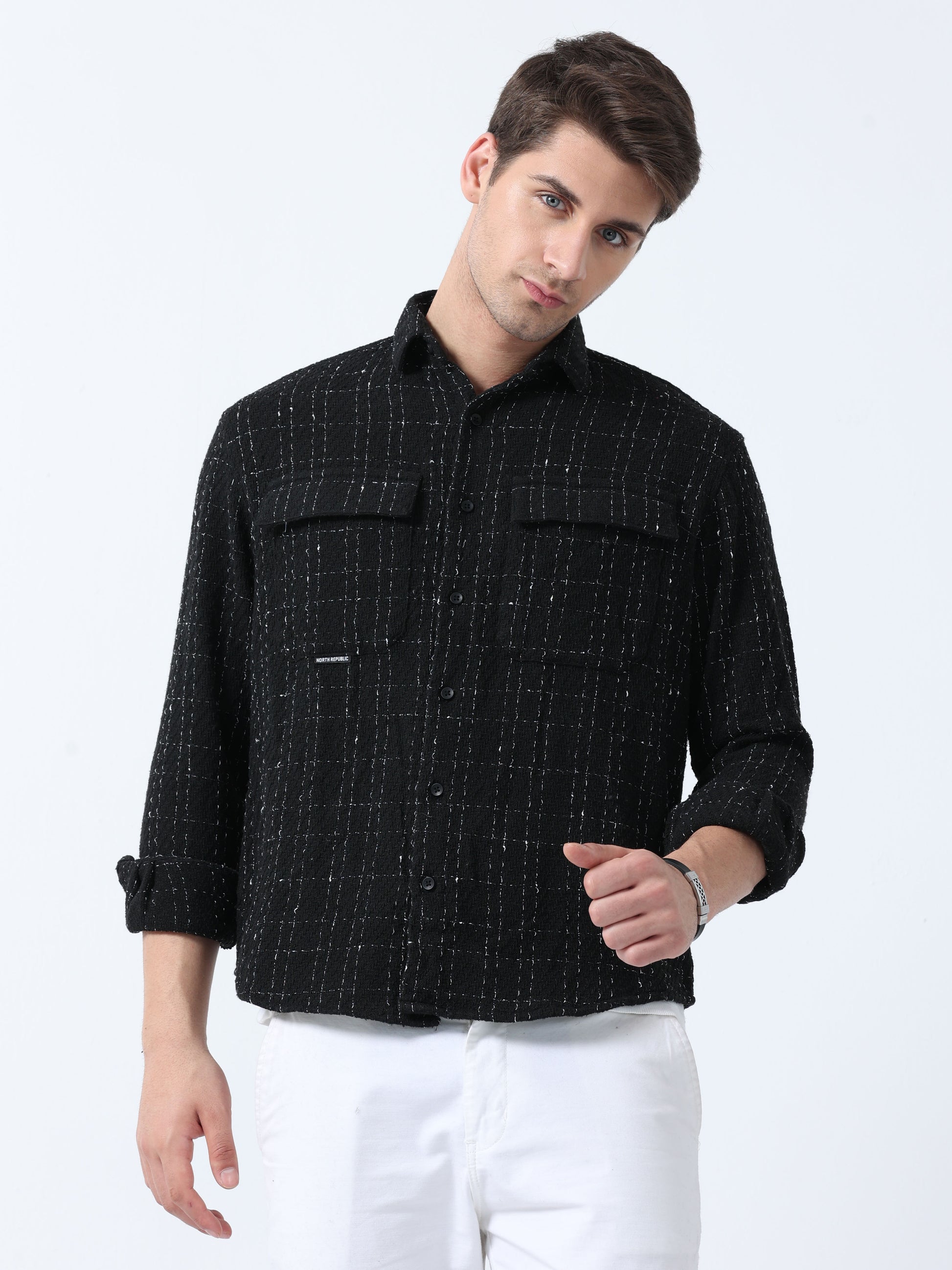 Black Imported Fabric Men's Full Sleeve Checked Shirt