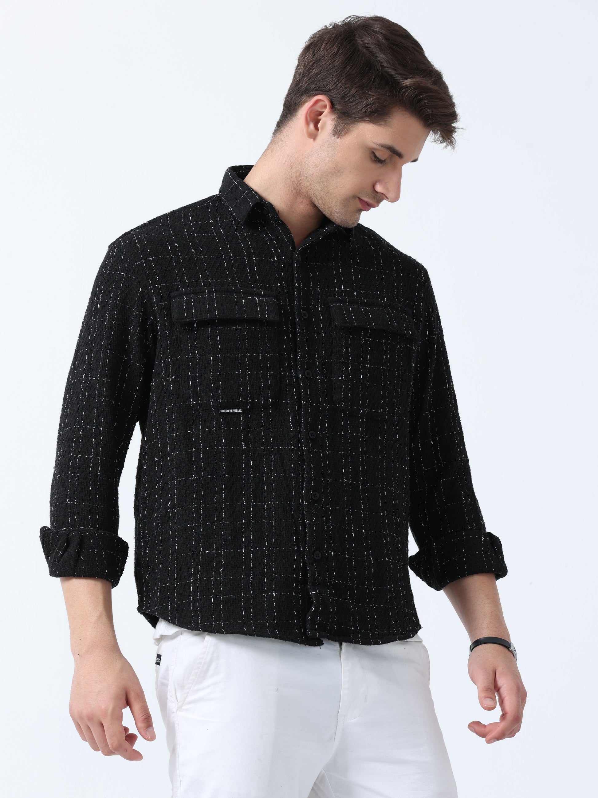 Black Imported Fabric Men's Full Sleeve Checked Shirt