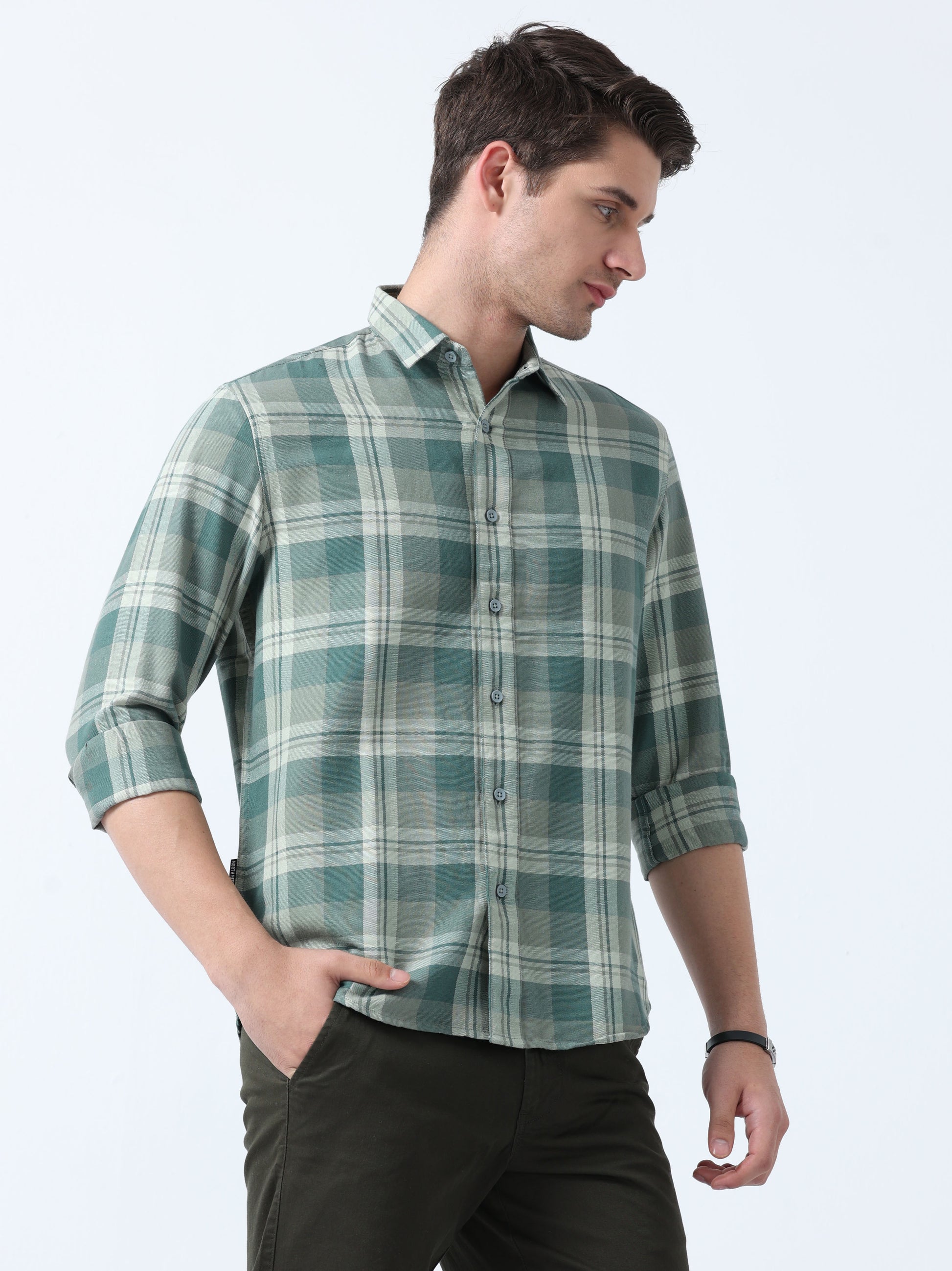 Green Full Sleeve Tartan Men's Checked Shirt