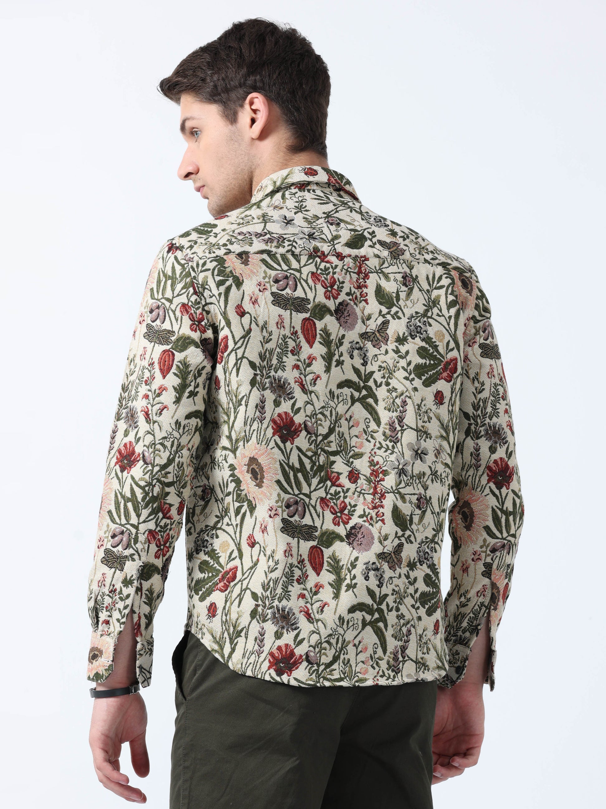 Beige Olive Imported Fabric Leaf Print Jacquard Shirt