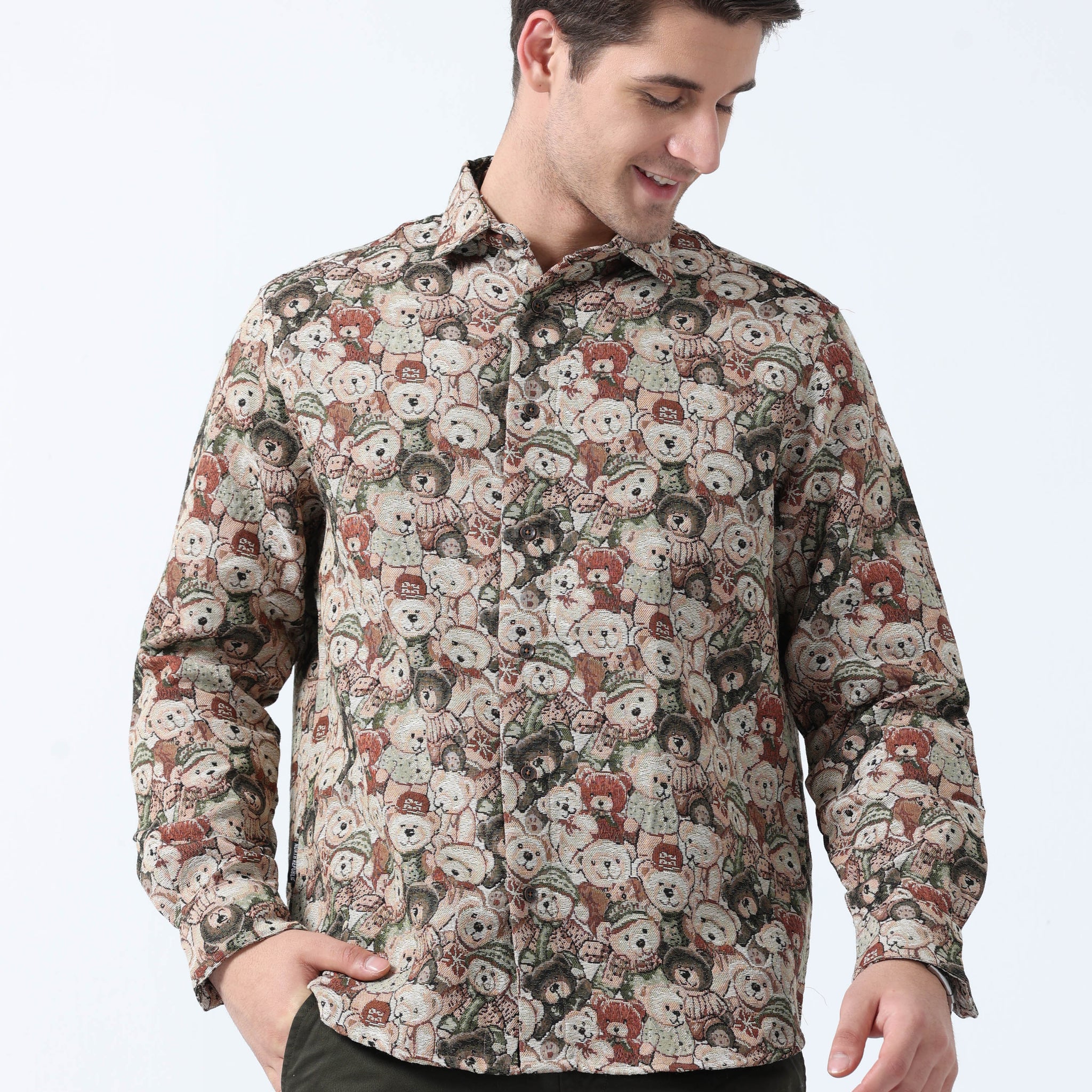 Imported Fabric Brown Bear Hug Haven Tribal Print Jacquard Shirt