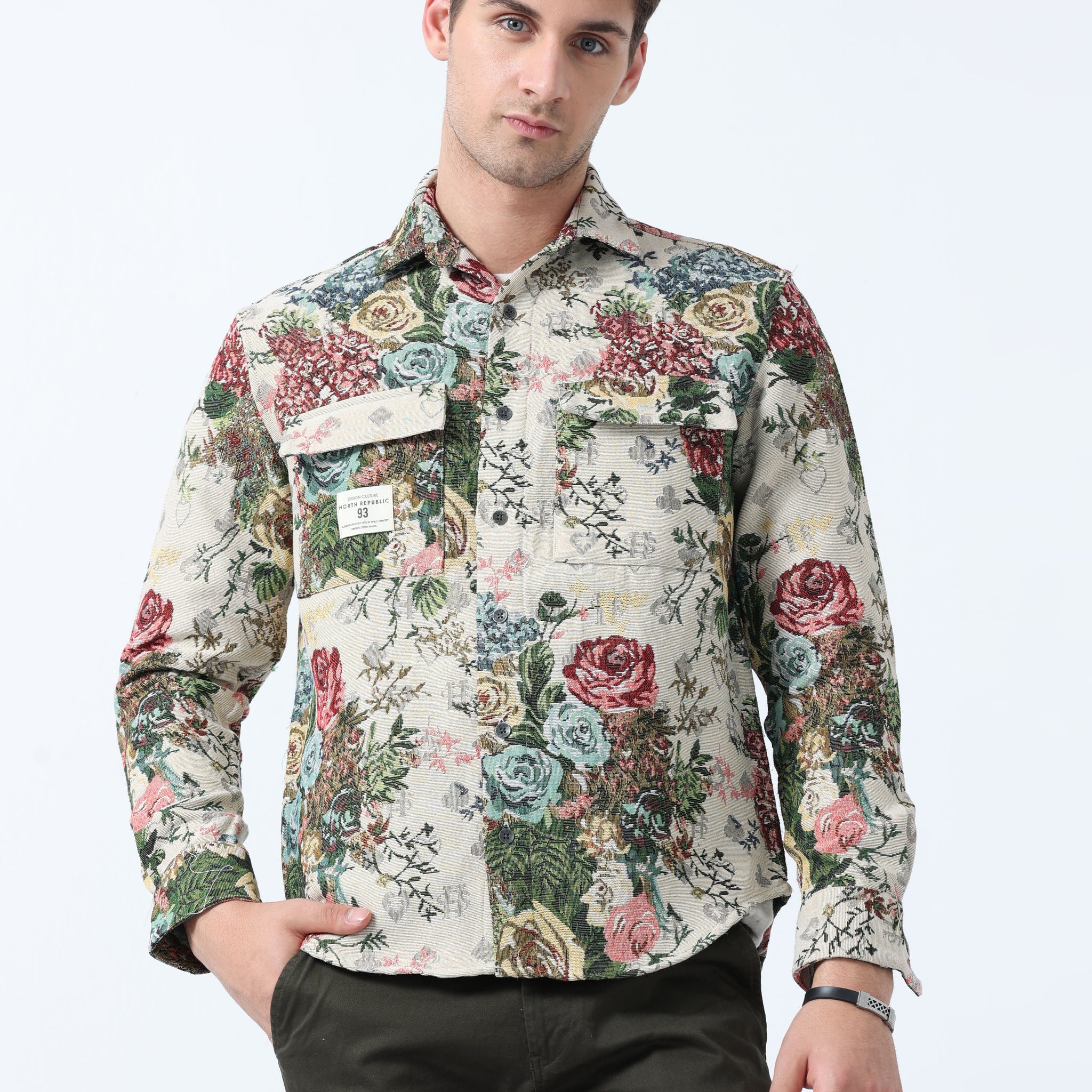 Beige Maroon Imported Fabric Rose Print Jacquard shirt