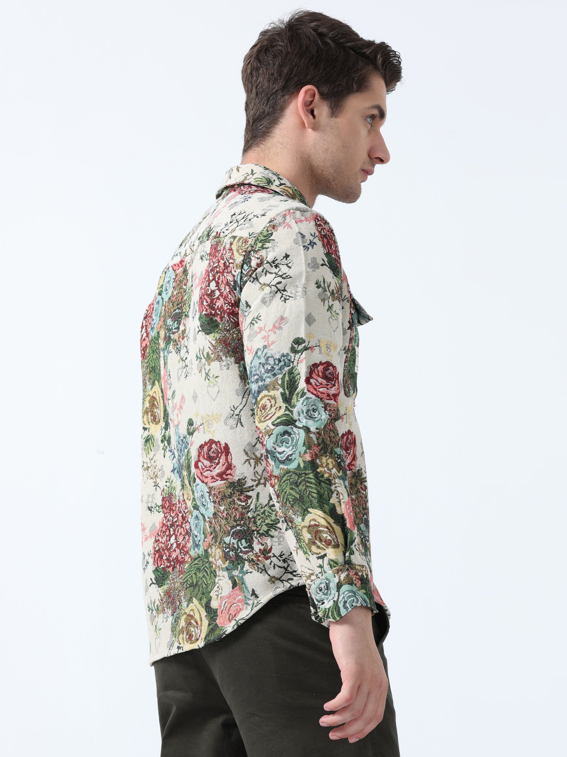 Beige Maroon Imported Fabric Rose Print Jacquard shirt