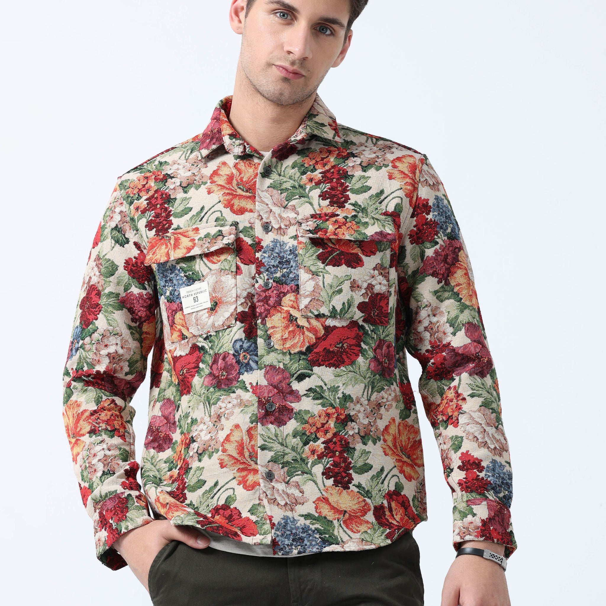 Multi color floral Print mens double Pocket shirt
