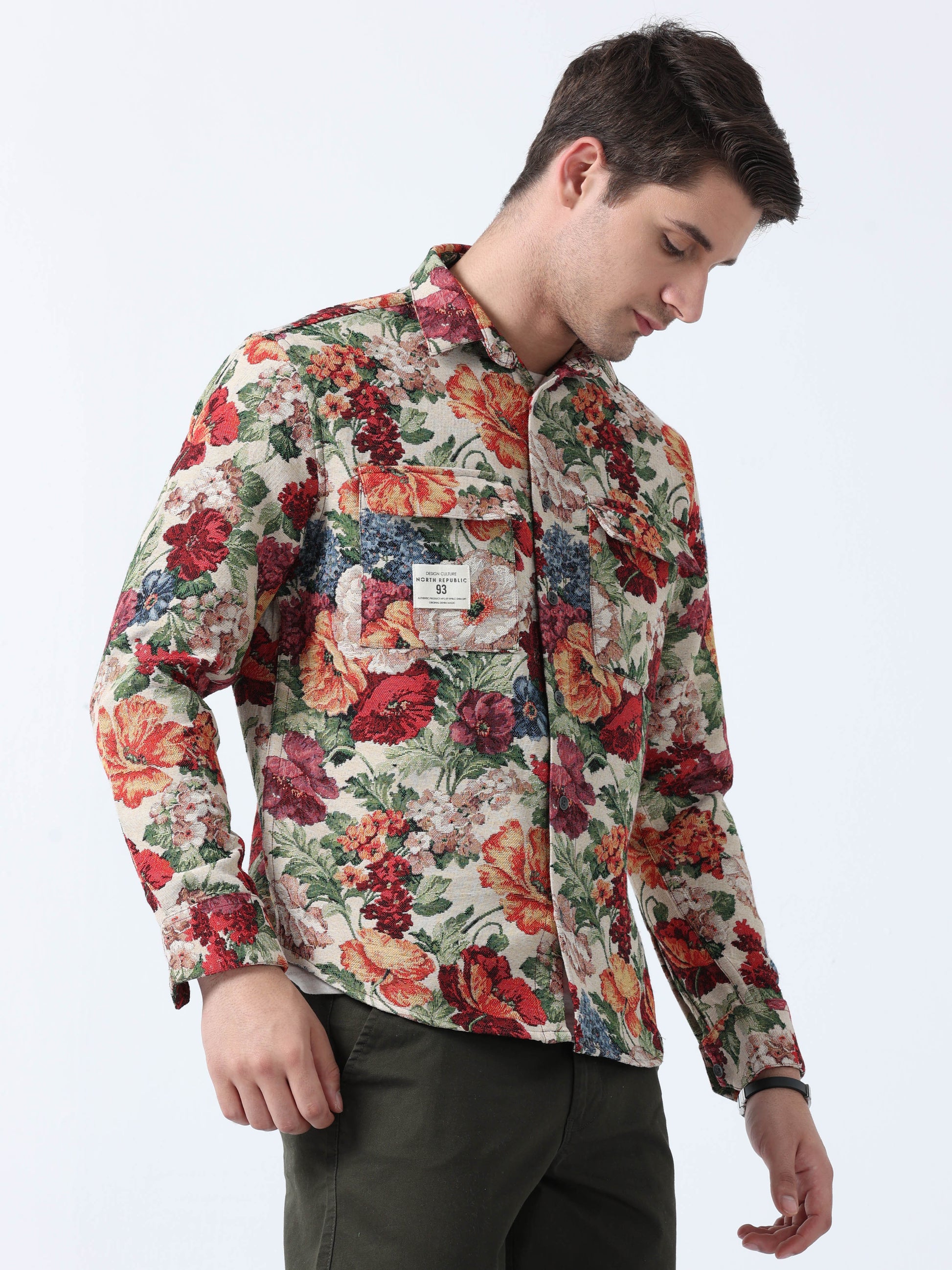 Imported Beige Multi Color Floral Print Men's Jacquard Shirt