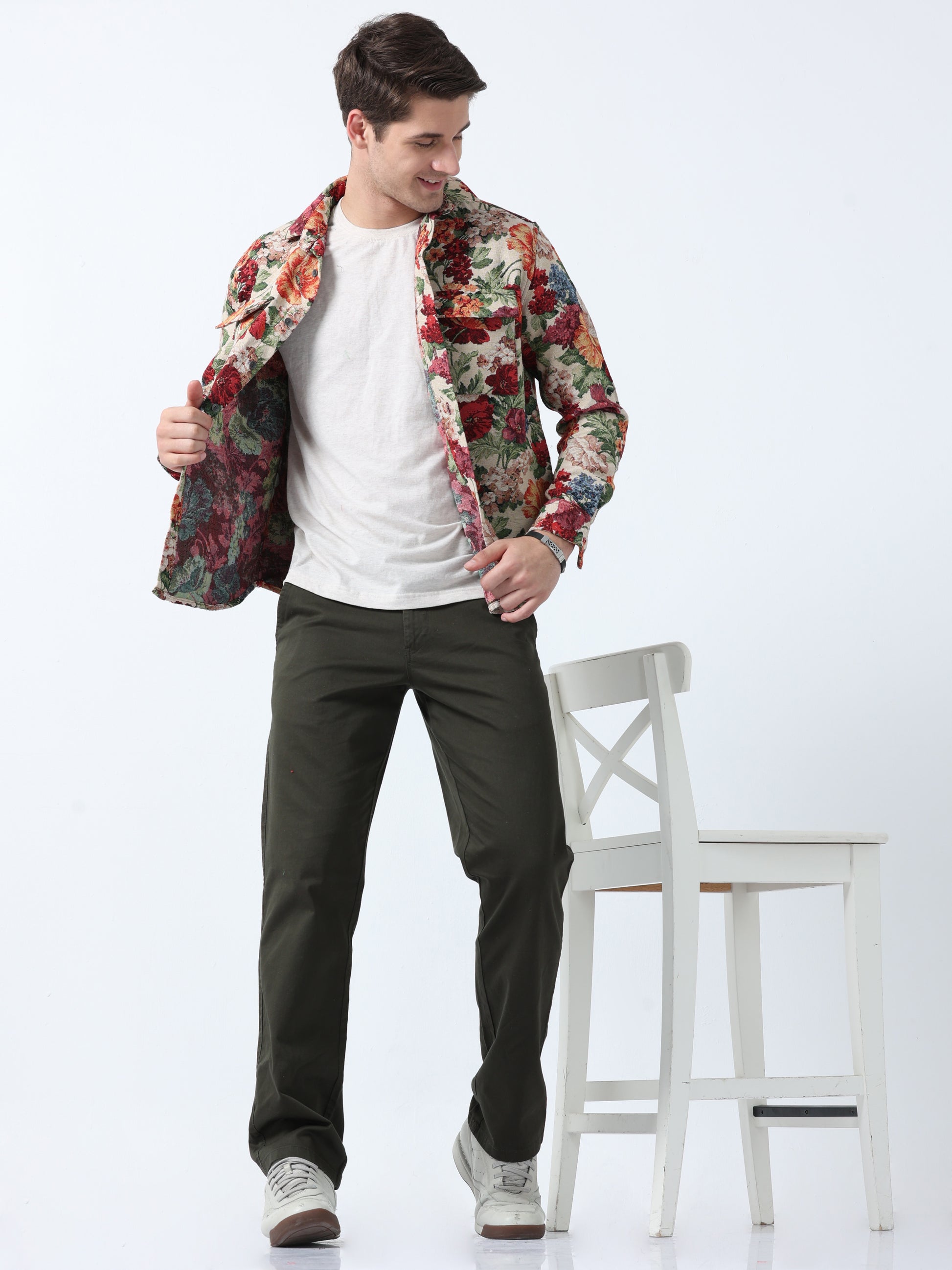Imported Beige Multi Color Floral Print Men's Jacquard Shirt