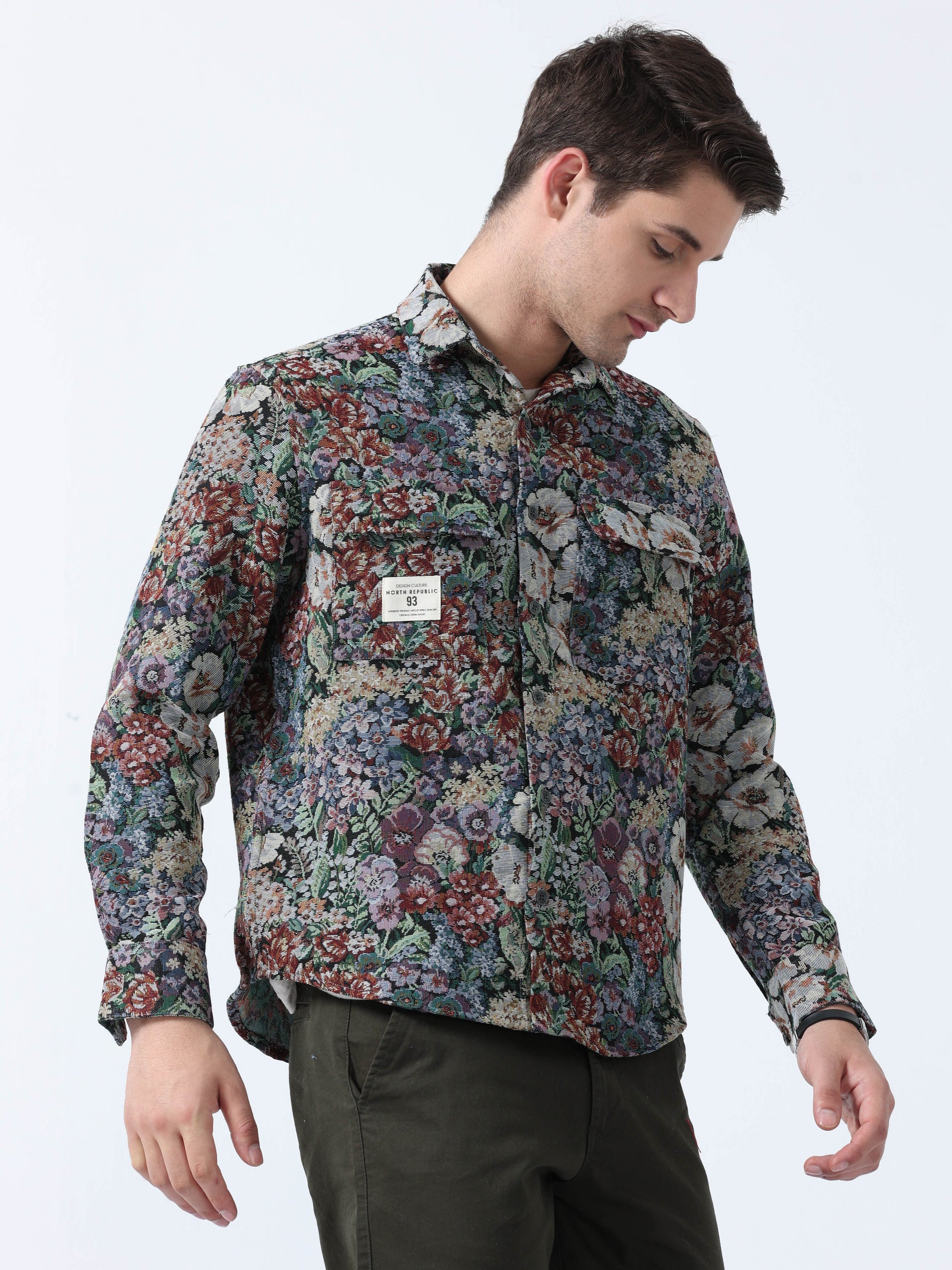 Blue Purple Imported Fabric Floral Print Men's Jacquard shirt